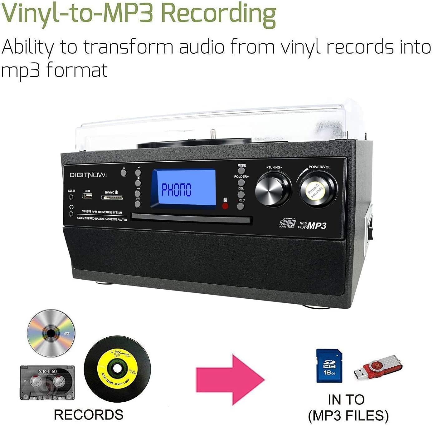 DIGITNOW Bluetooth Record Player Turntable with Black record player, Black-S