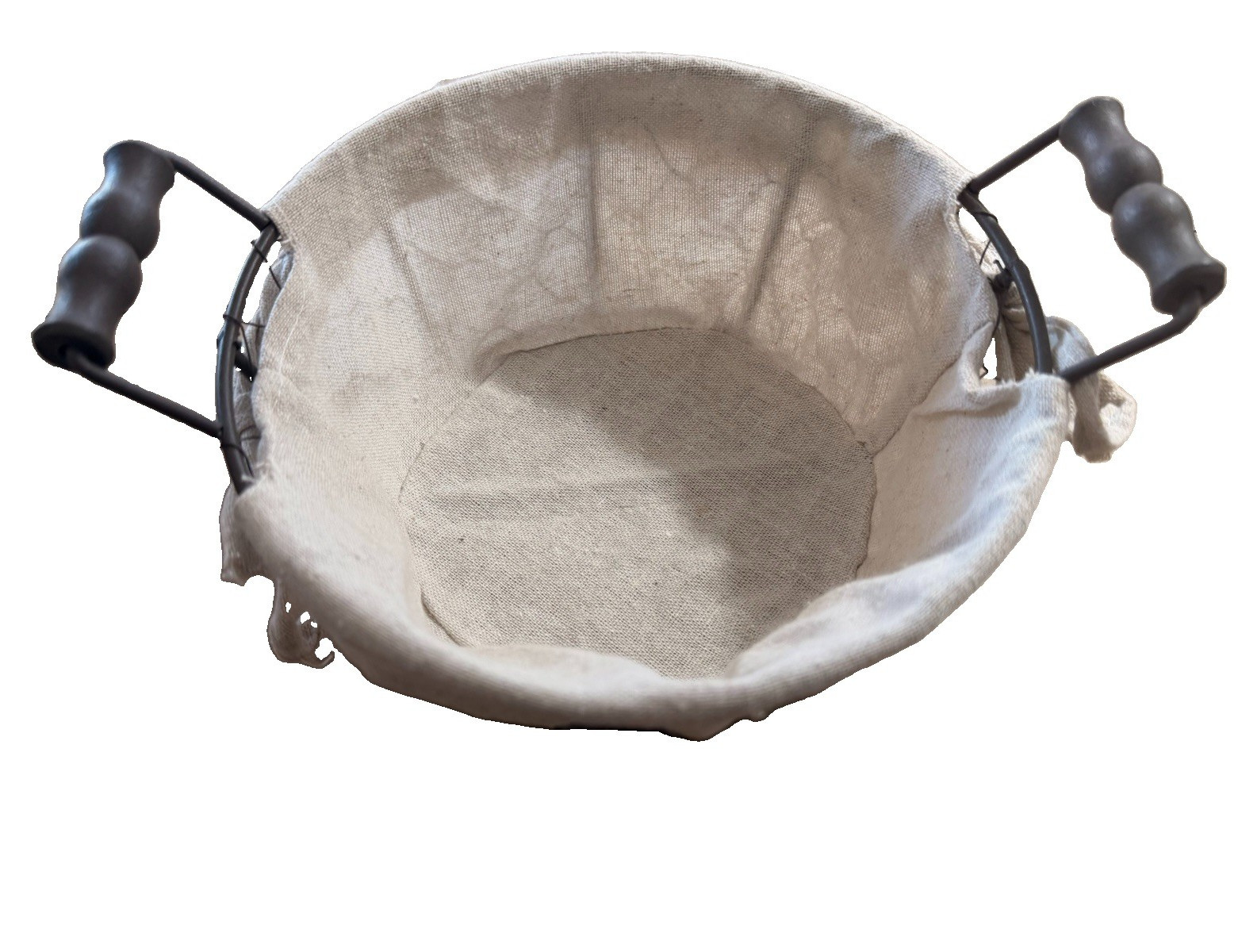 Round Metal Wire Basket w/ Fabric Liner & Handles.