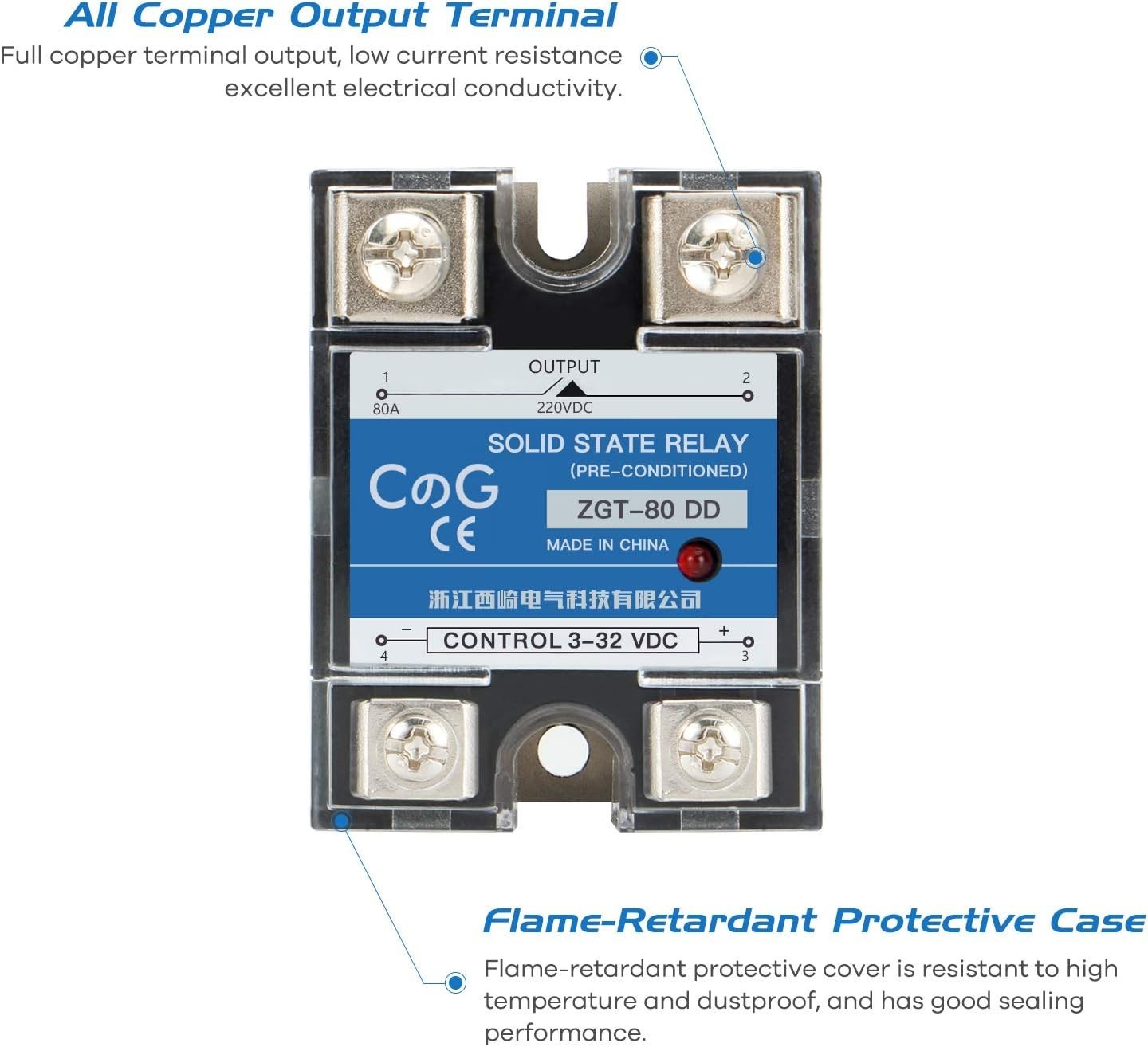 High Performance Solid State Relay SSR-80DD: DC Input 3-32VDC to Output 5-240VDC