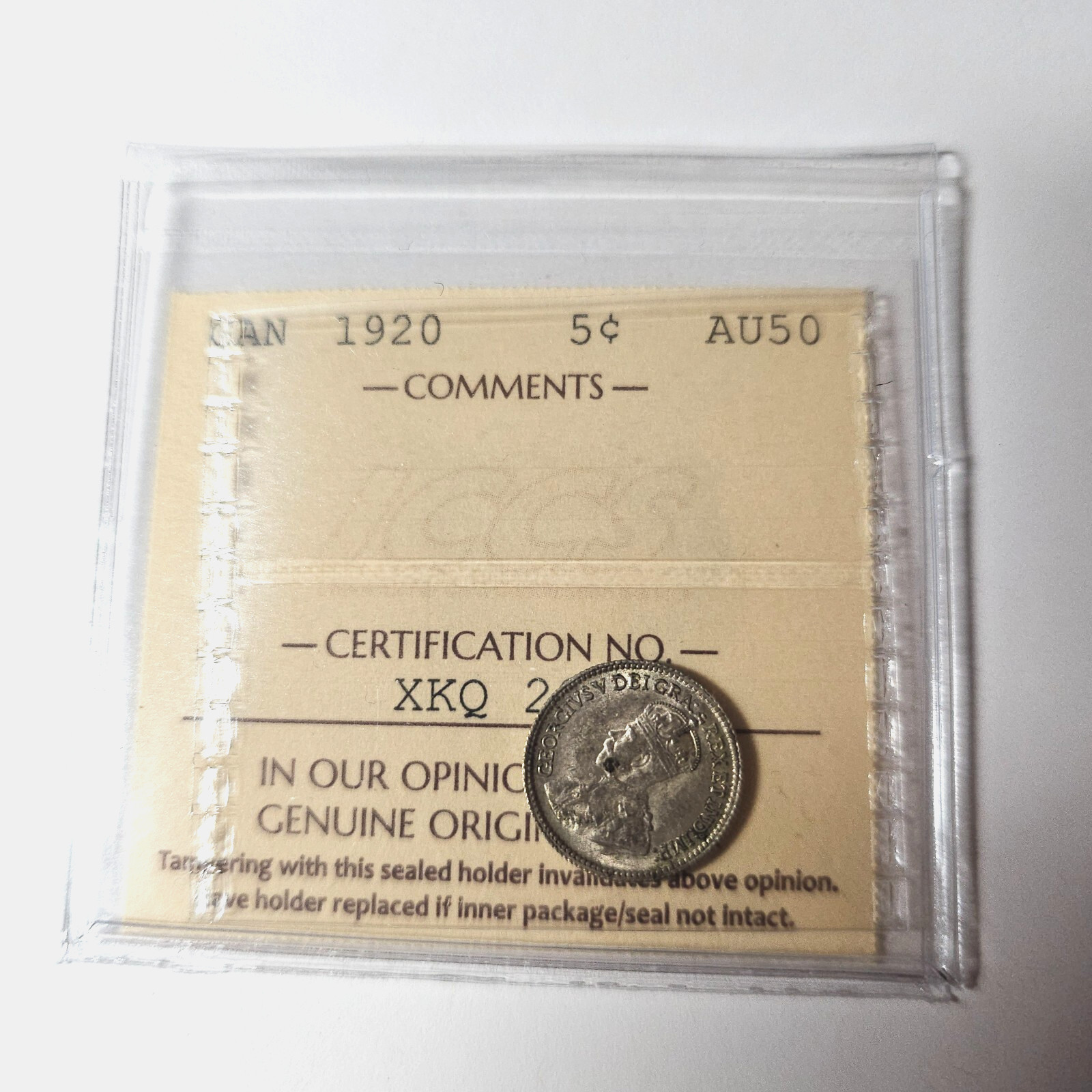 1920 - CERTIFIED ICCS AU-50 - Canada 5 five cents SILVER - CD-021