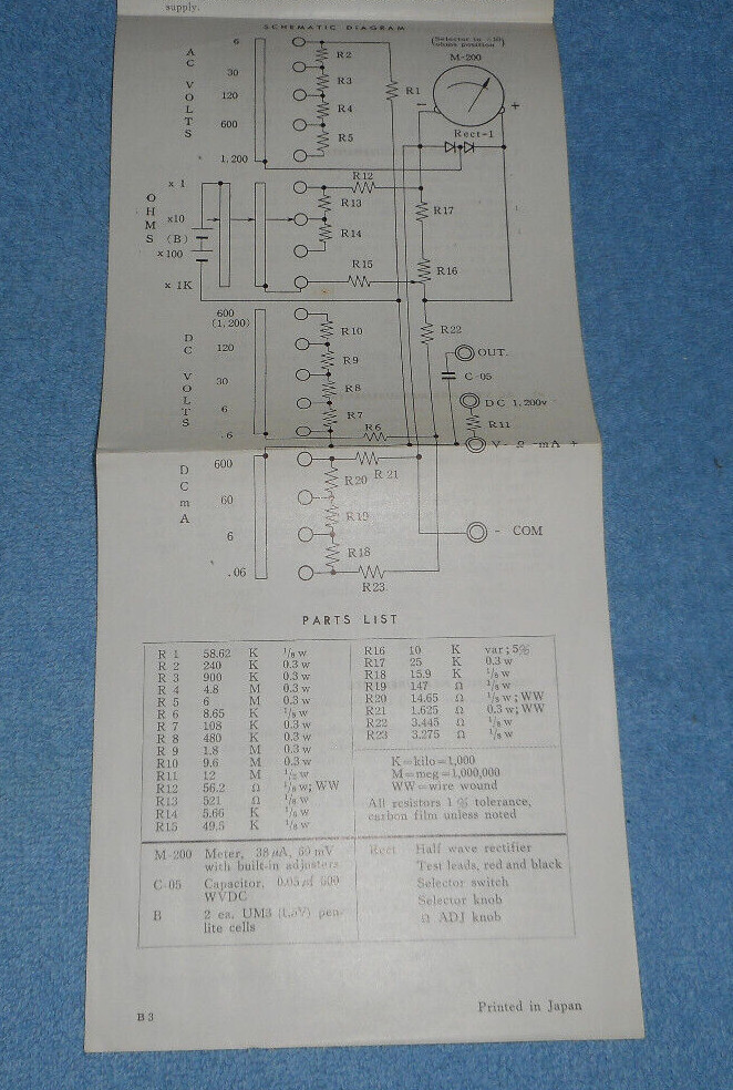 Vintage Micronta Multitester Instructions Only Schematic Diagram