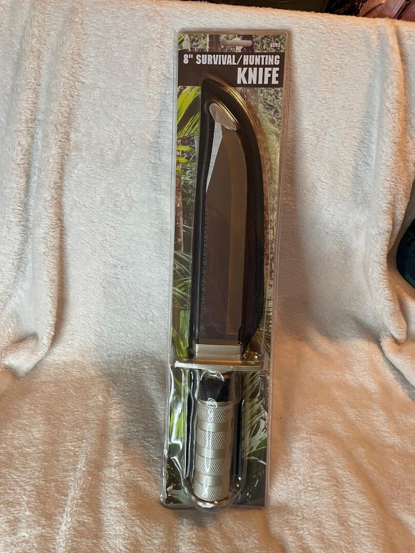8" Survival/Hunting Knife: Sewing Kit/Fishing Line/Hook/Compass/Matches/Flint +
