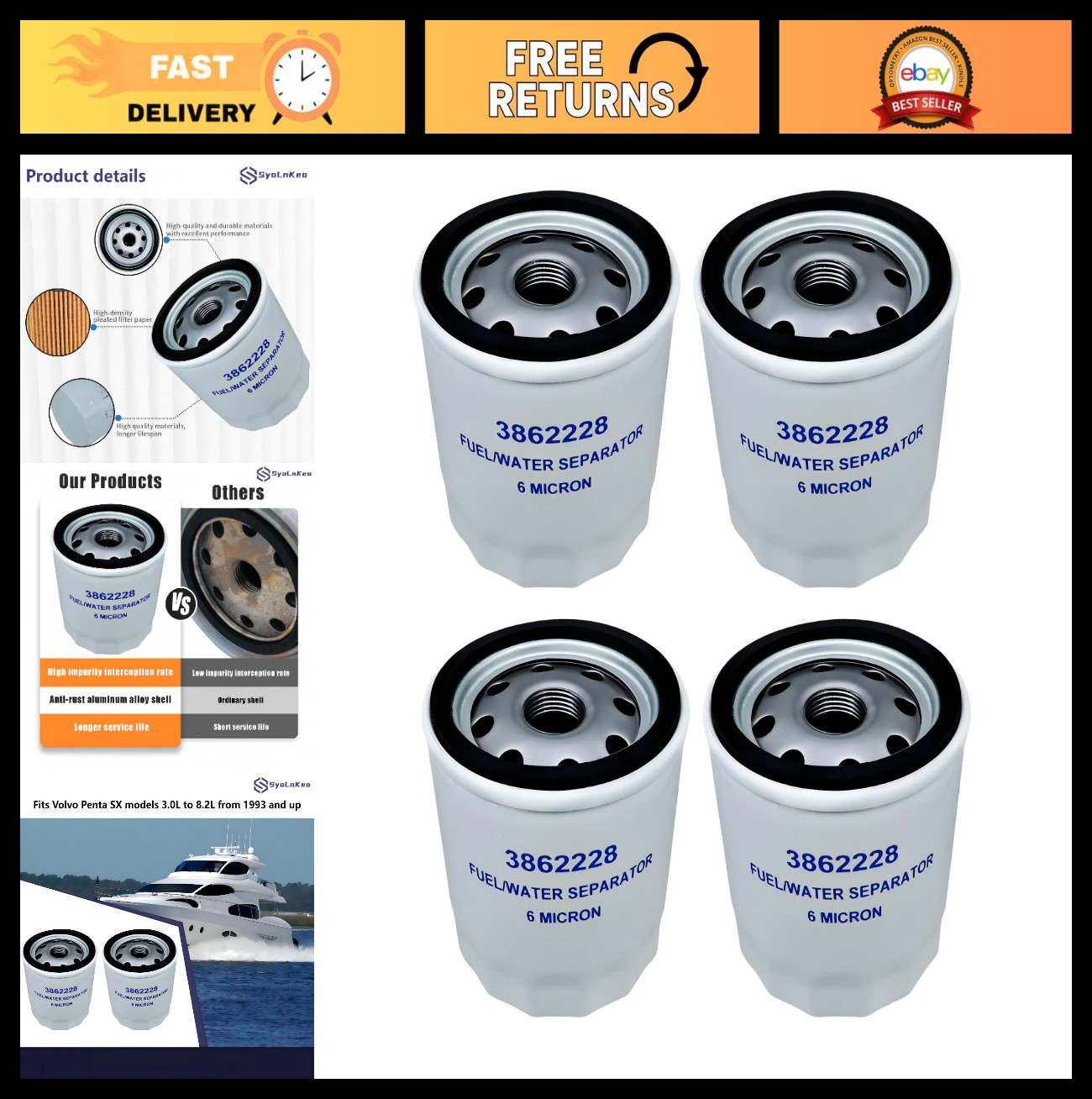 4 Pack Fuel Filter Water Separator for Volvo Penta 4.3 5.0 5.7 5.8 7.4 8.1 8.2 E