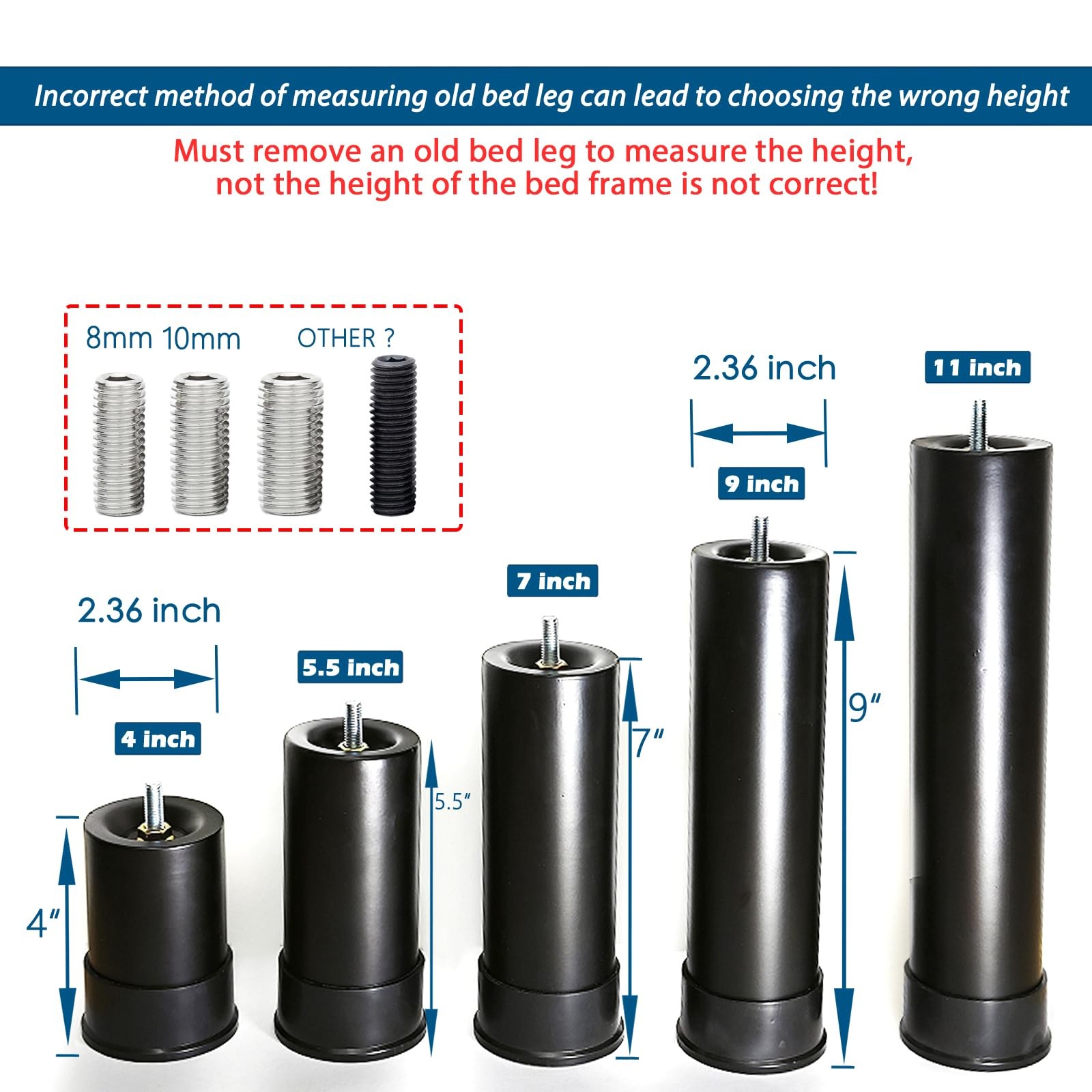 4 Inch Metal Adjustable Bed Base Frame Leg Heavy Duty Extra Height Leg Compat...
