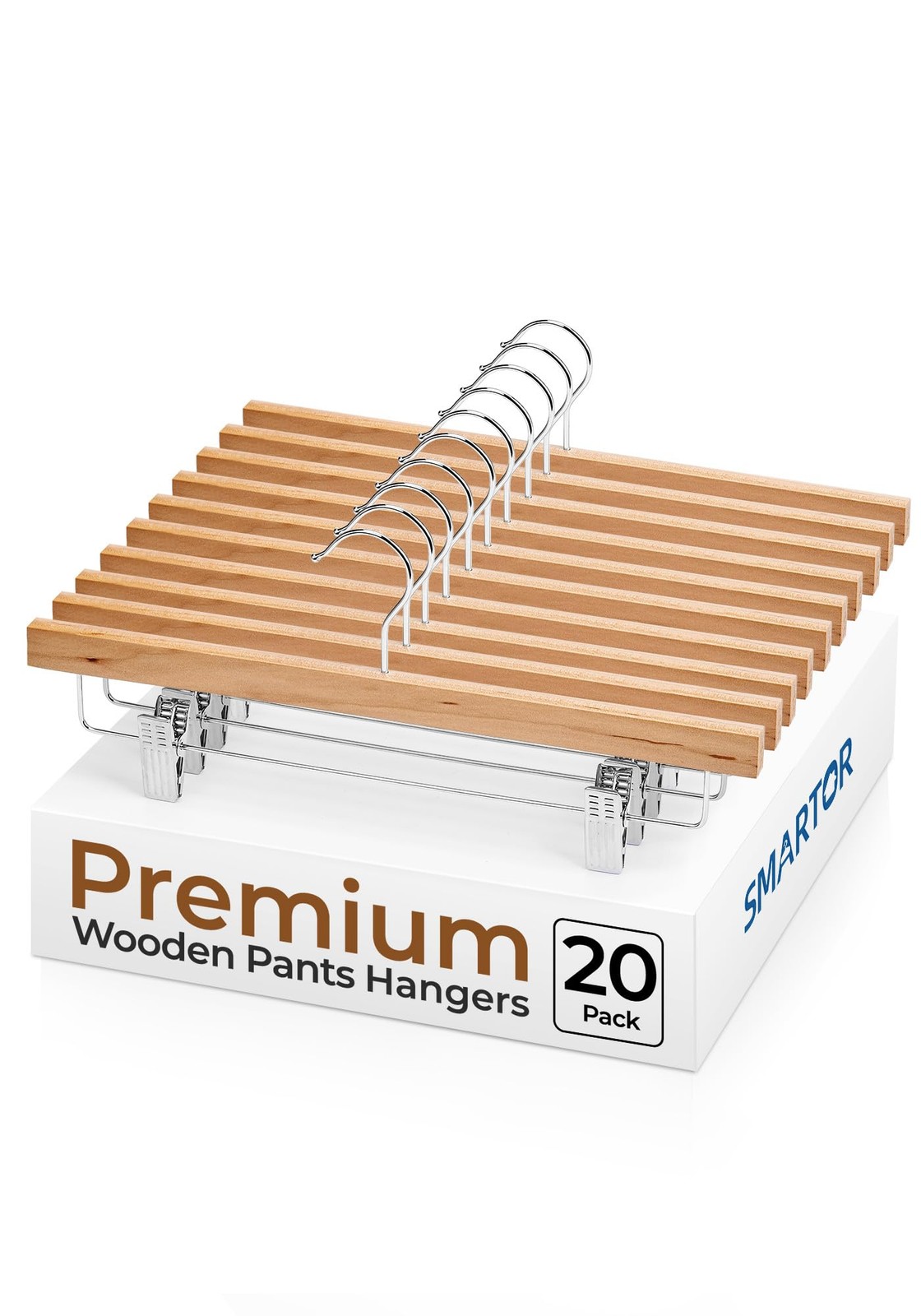 Natural Wooden Pants Hangers 20 Pack, Heavy Duty Skirt Hanger with 2-Adjustab...
