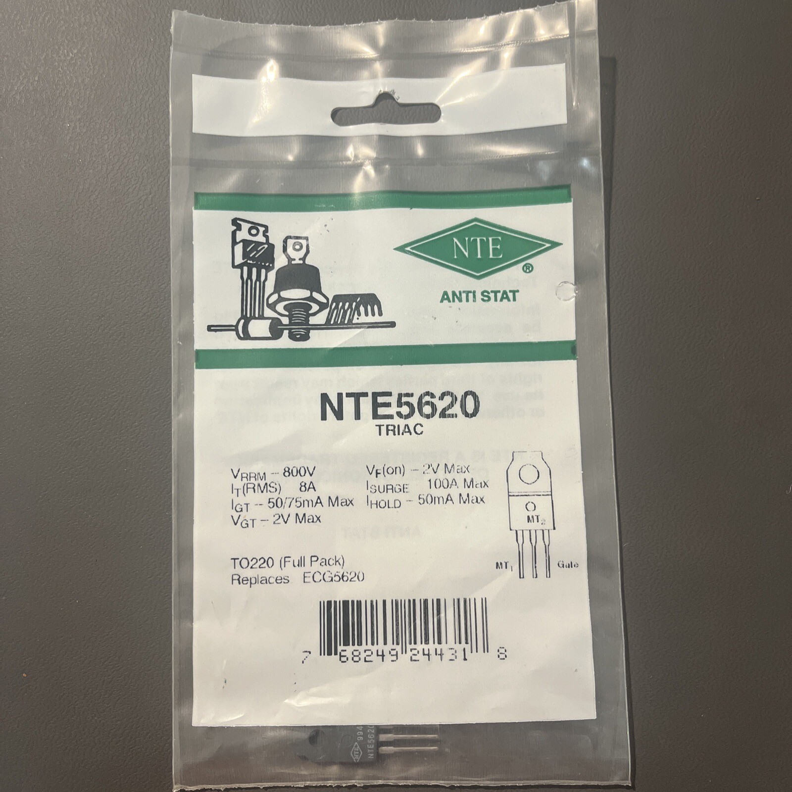 2 Each ~ NTE5620 ~ TRIAC ~ 800V/8A TO-220 (full pack) ~ Replaces ECG5620 ~ NOS