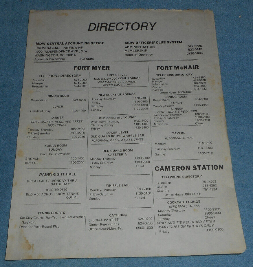 1970s Military District of Washington Directory Fort Myer McNair Cameron Station