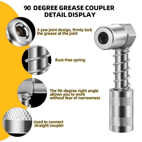 1PC 90 Degree Grease Coupler with 1pcs 90 Degree Adapter + 2 PCS Flat Nozzle