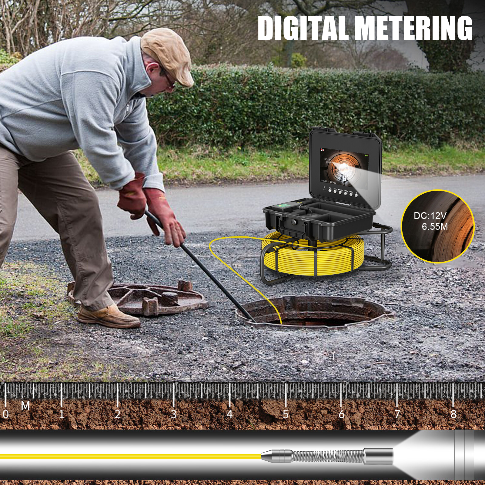 10" Pipe Inspection Camera w/ 512hz Meter Counter Sewer Camera Self Leveling 30M
