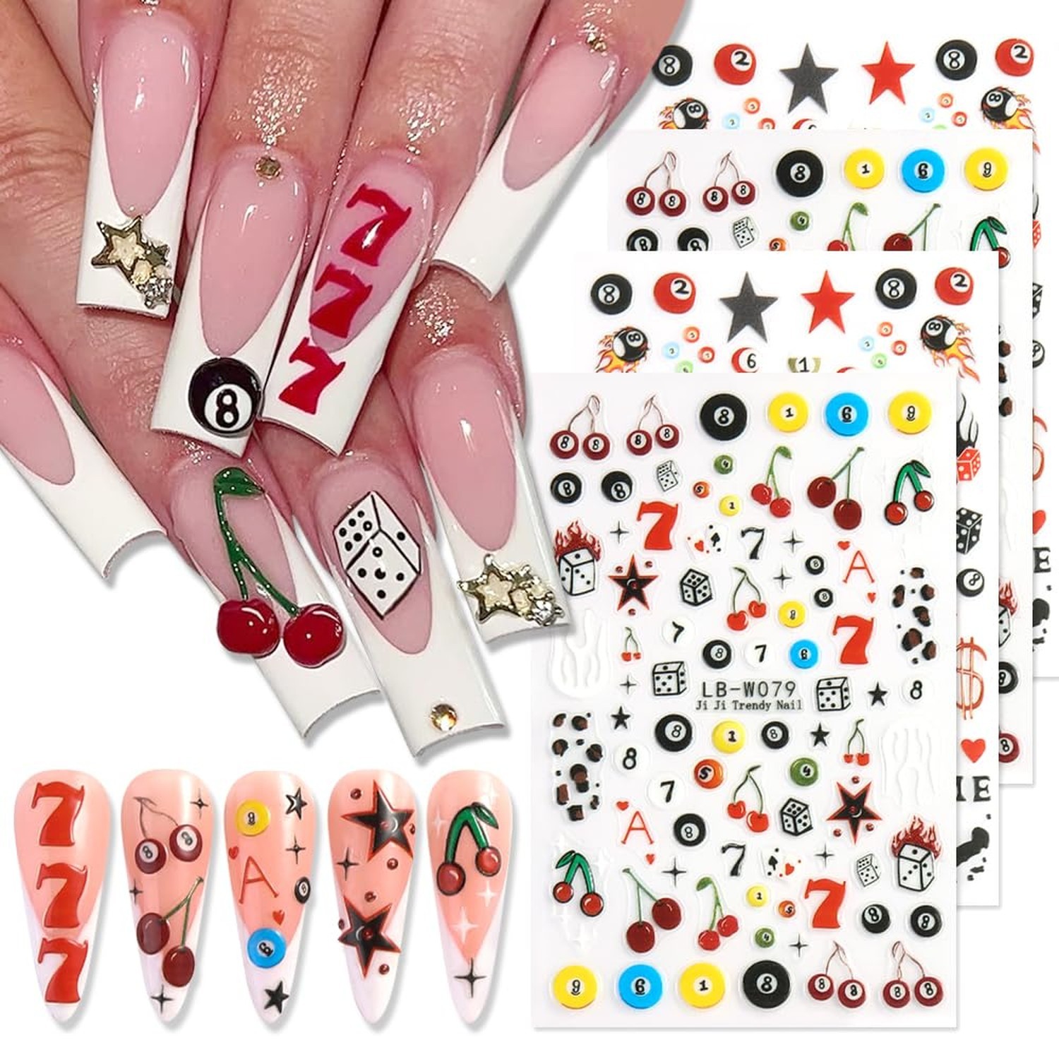 4 Sheets Pool & Dice Nail Art Stickers Decals, Cute Cartoon Style Dice Billia...