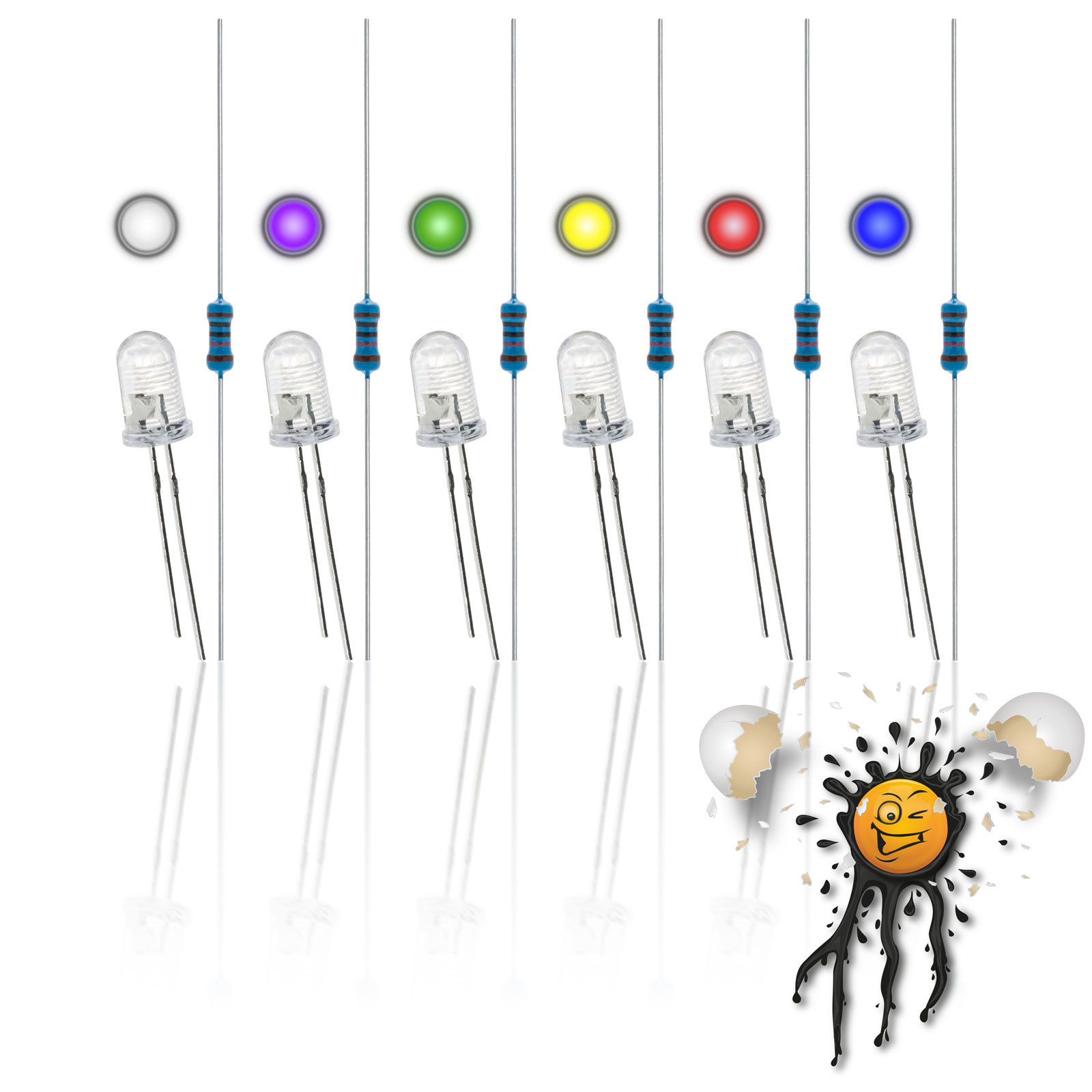 5mm LED set 3.3V-12V 6x LEDs round 6x resistors red blue white yellow green purple
