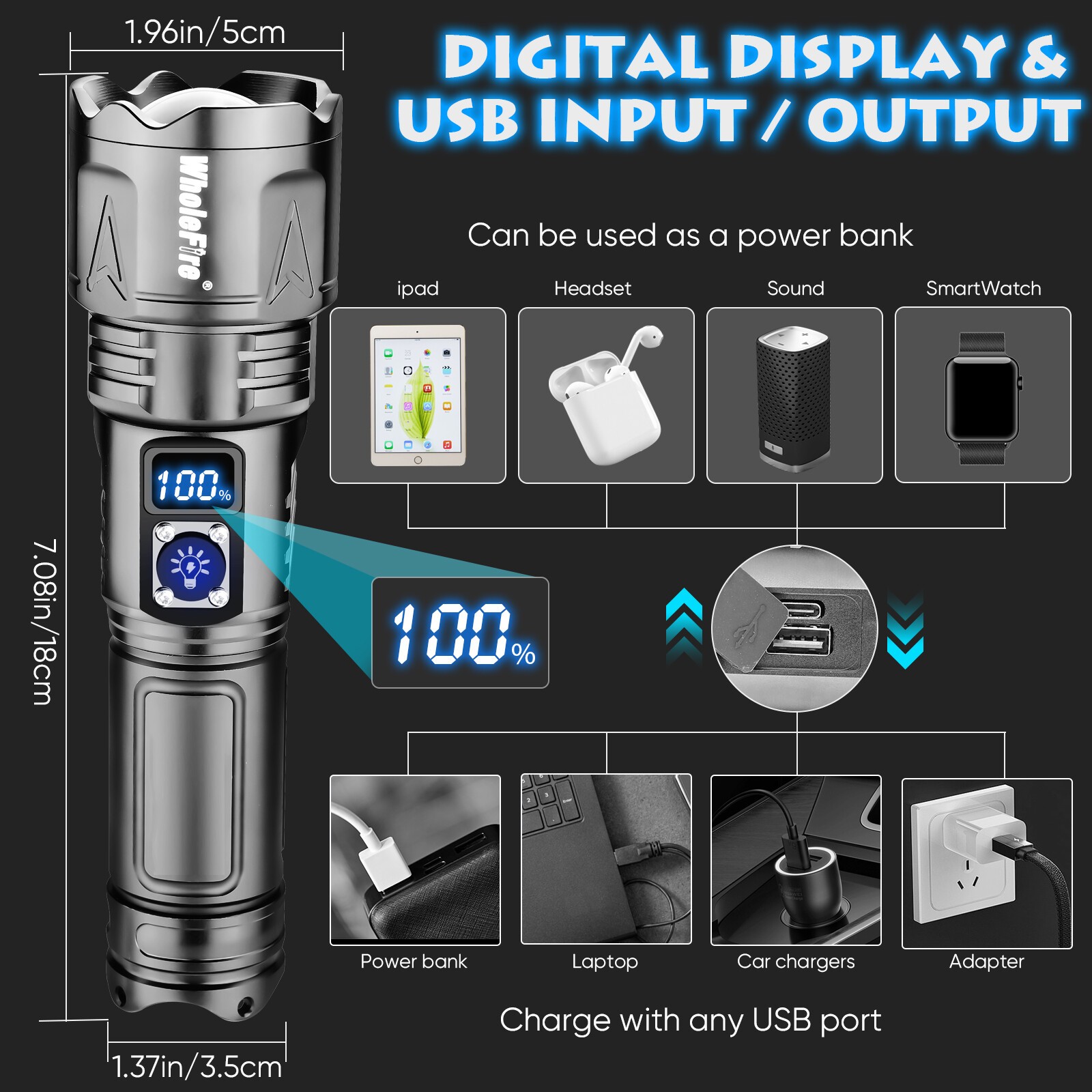 Super Bright 9000000 Lm LED Tactical Flashlight Rechargeable Powerful Work Light