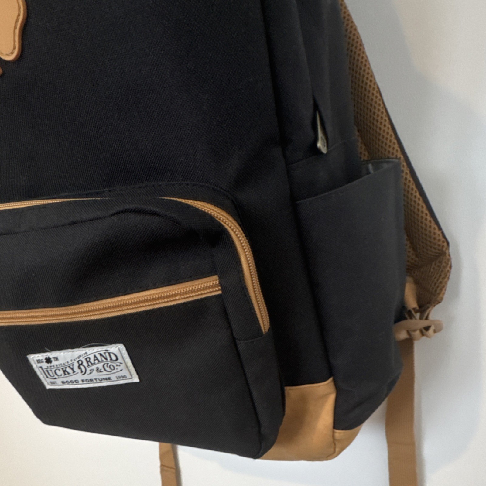 Lucky Brand Black Brown Canvas Hiking Backpack Patch Logo Adjustable Straps