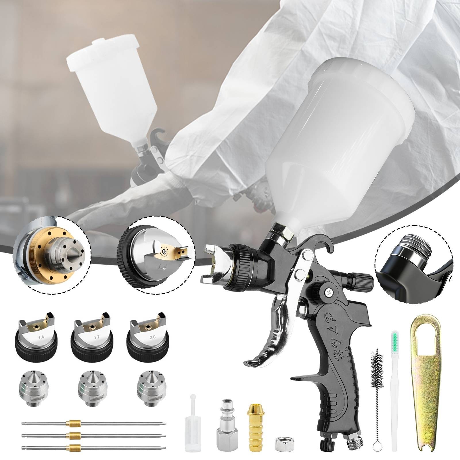 HVLP Air Paint Spray Gun 1.4/1.7/2.0MM Gravity Feed Car Auto Primer Nozzles DIY