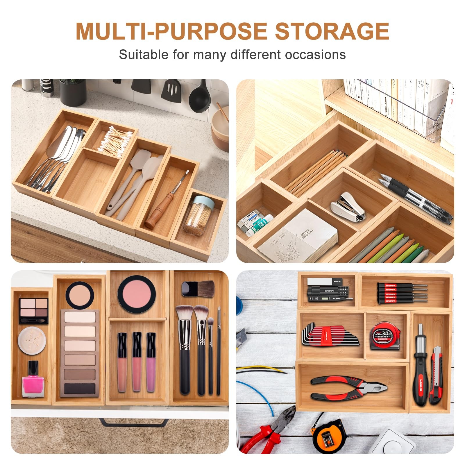 Bamboo Drawer Organizer 5 Pcs for Kitchen Multi-purpose Storage Dividers for ...