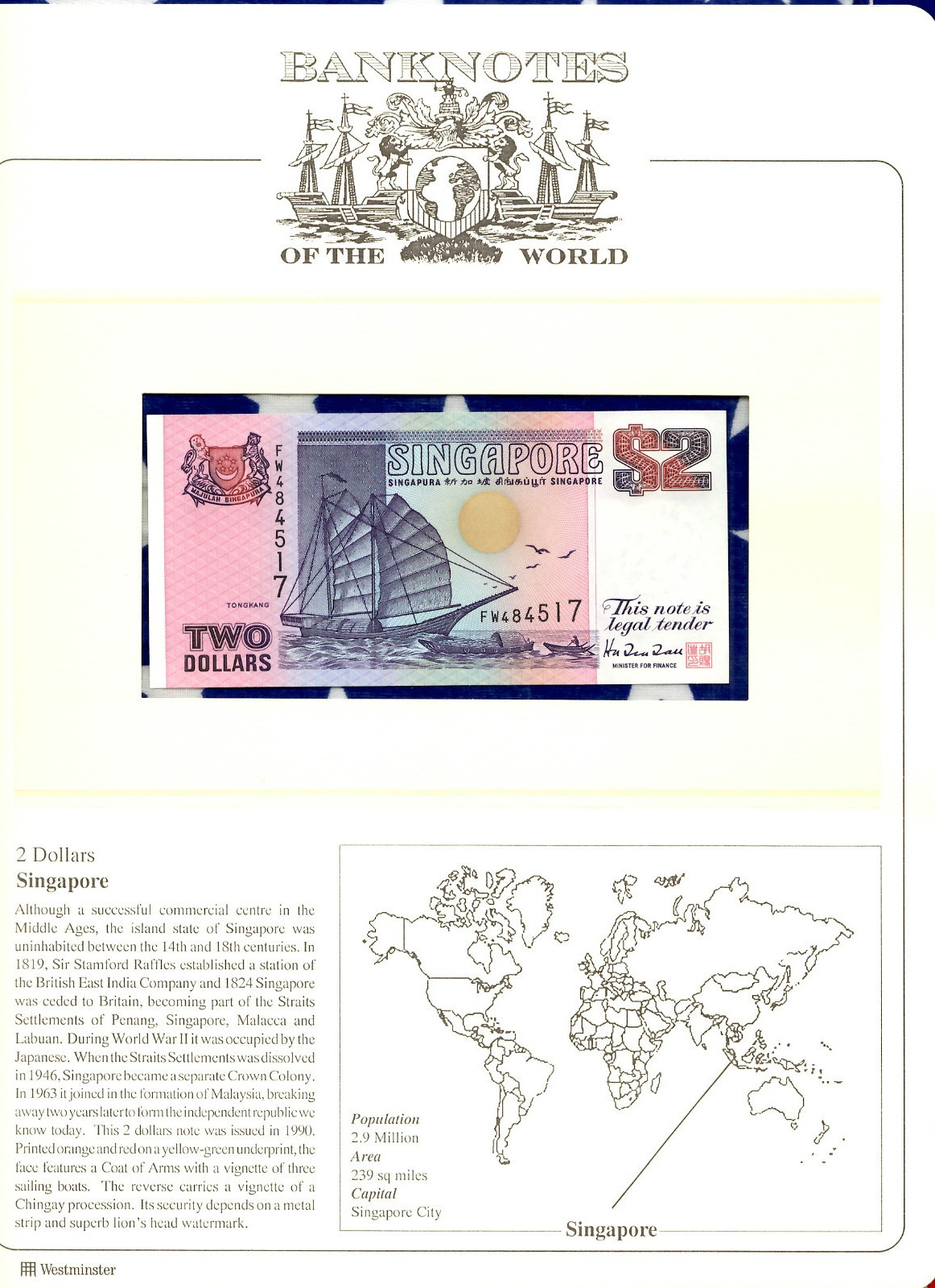 Banknotes of the World Singapore 1992 2 Dollars P-28a UNC FW484517