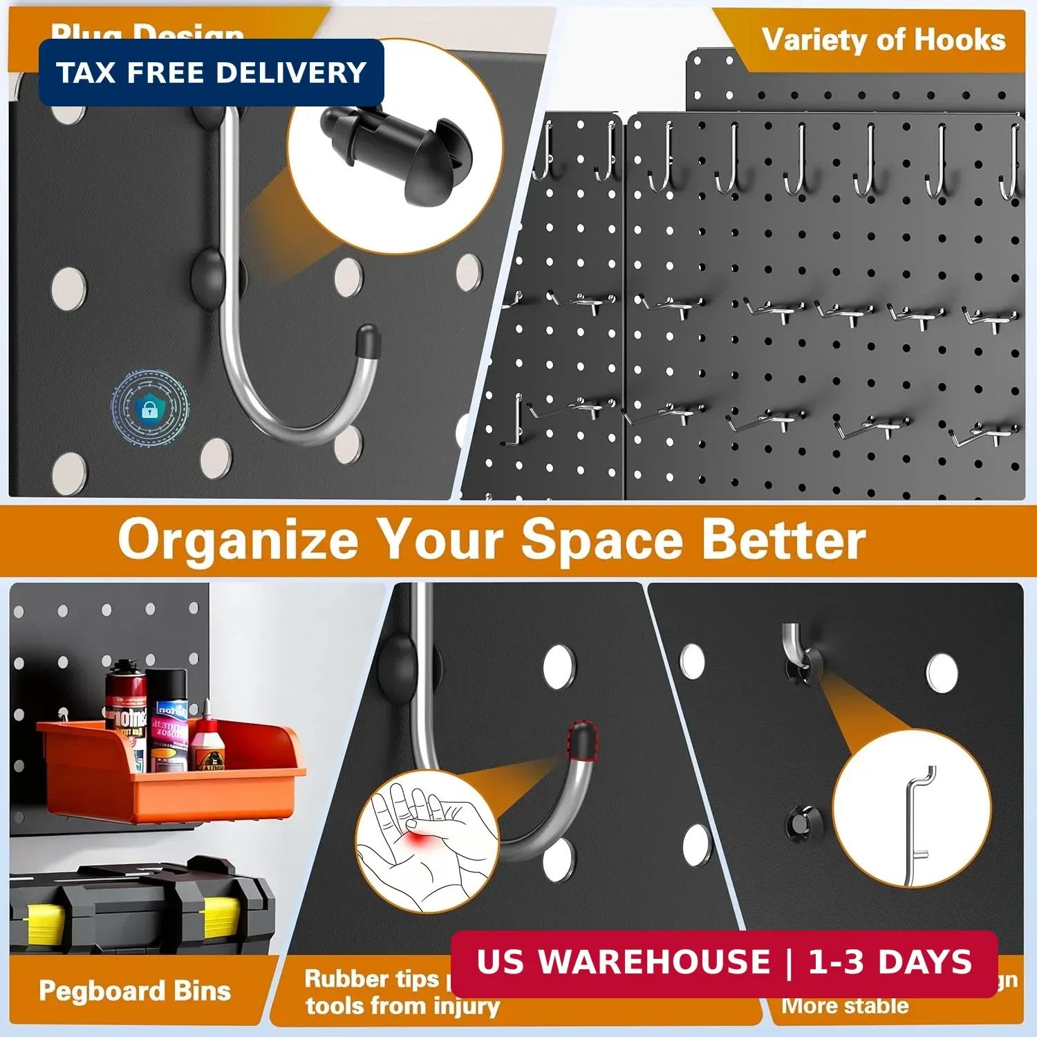 Peg Board, 110pcs Metal Pegboard Kit, Includes 4 Pack Black Peg Board Panels wit