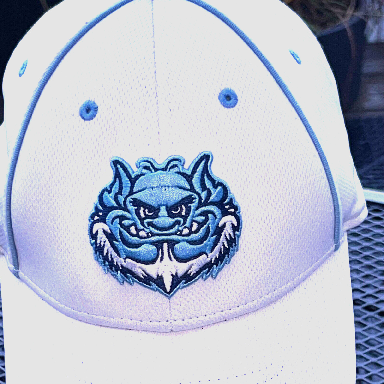 Trinity roll Trolls white w light blue Hat Cap Flex Band M/L Troll Patch Front.