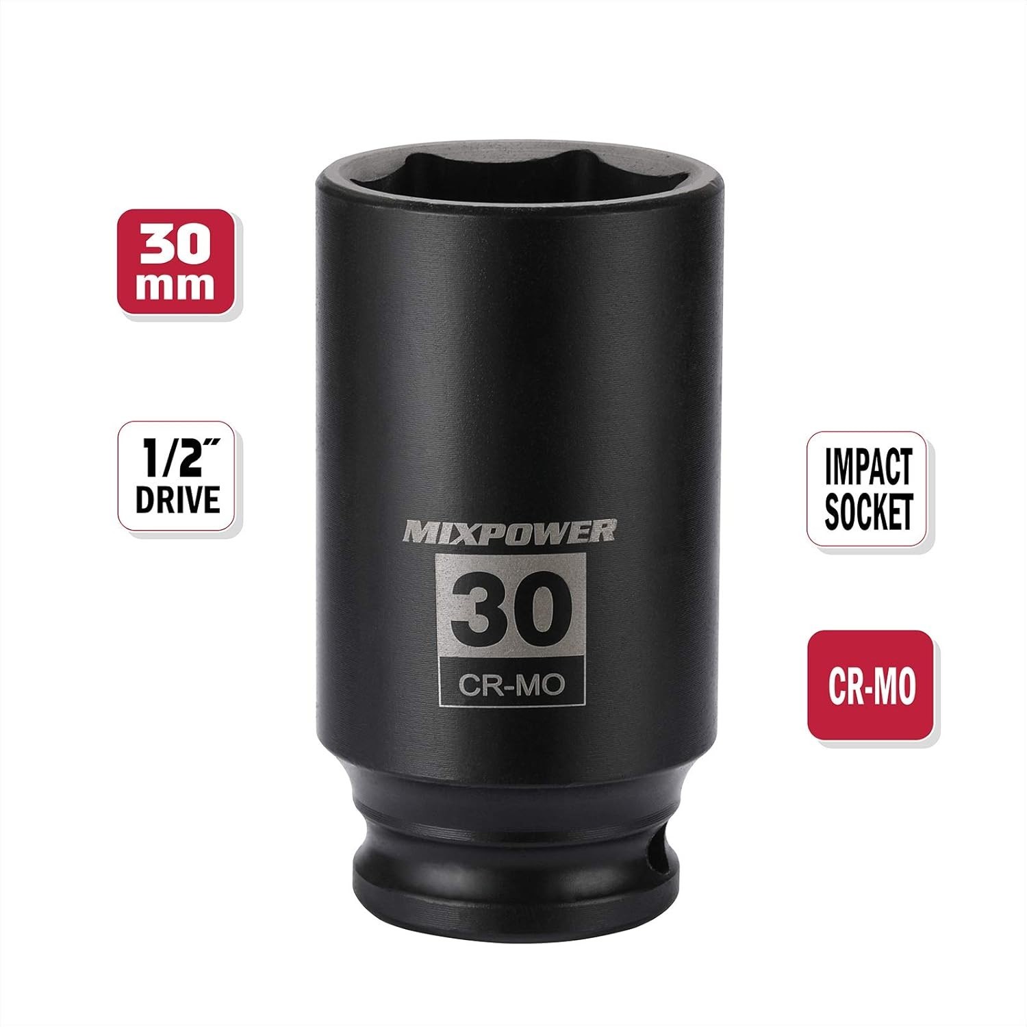 Professional-Grade 1/2" 30mm Impact Deep Socket - Laser Etched, 6-Point Design