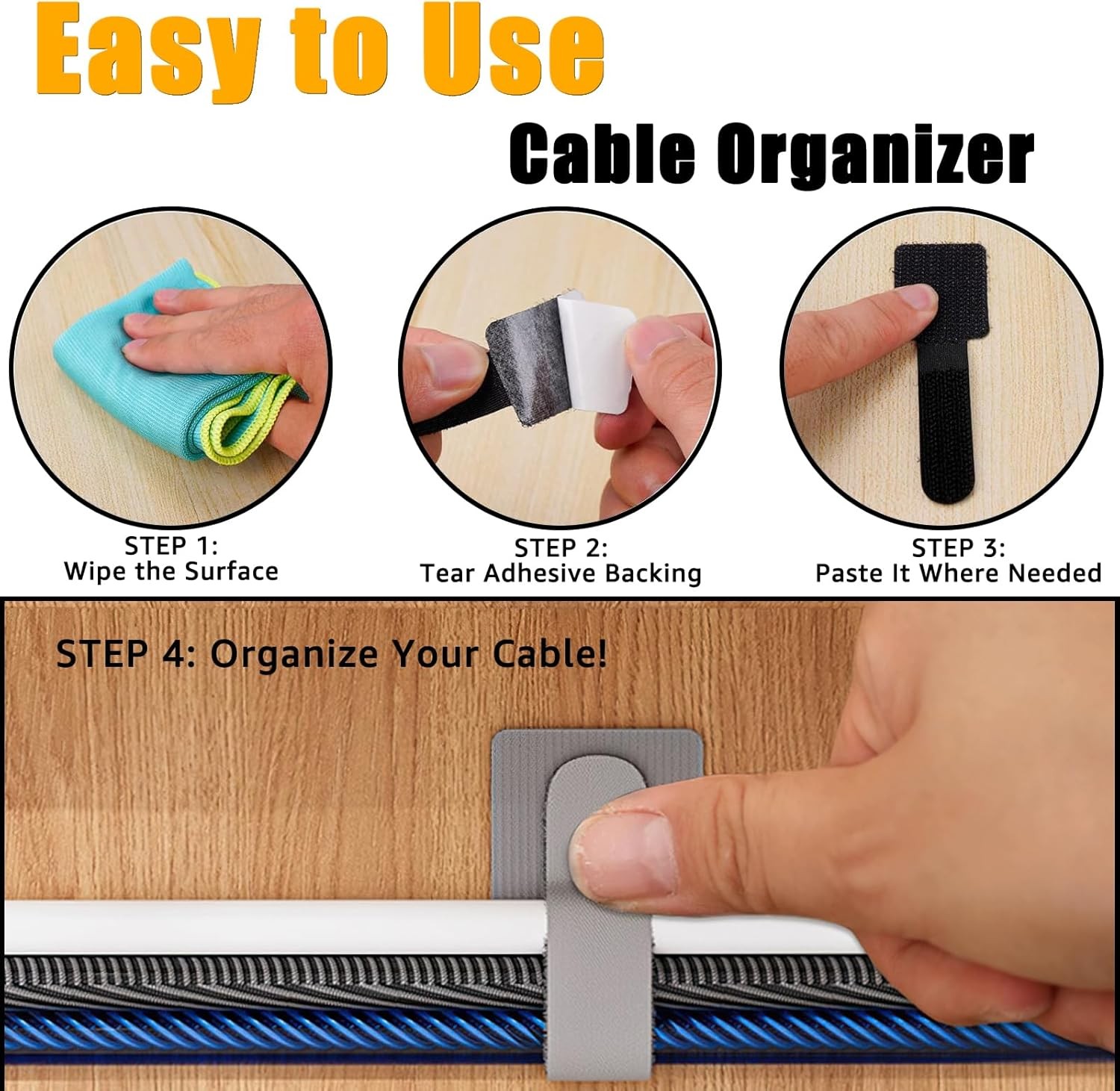80PCS Hook Loop Cable Straps, Self Adhesive, Black