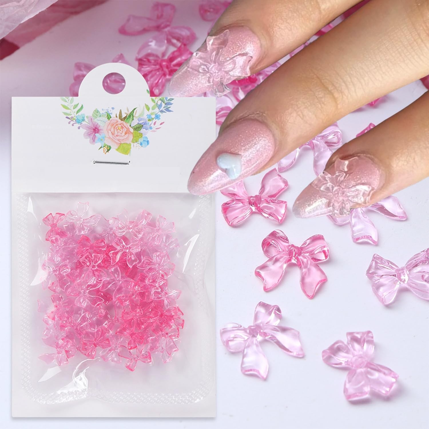 50 Pcs Pink Clear Bow Nail Charms Valentines Nail Art Charms 3D Resin Bow Kno...