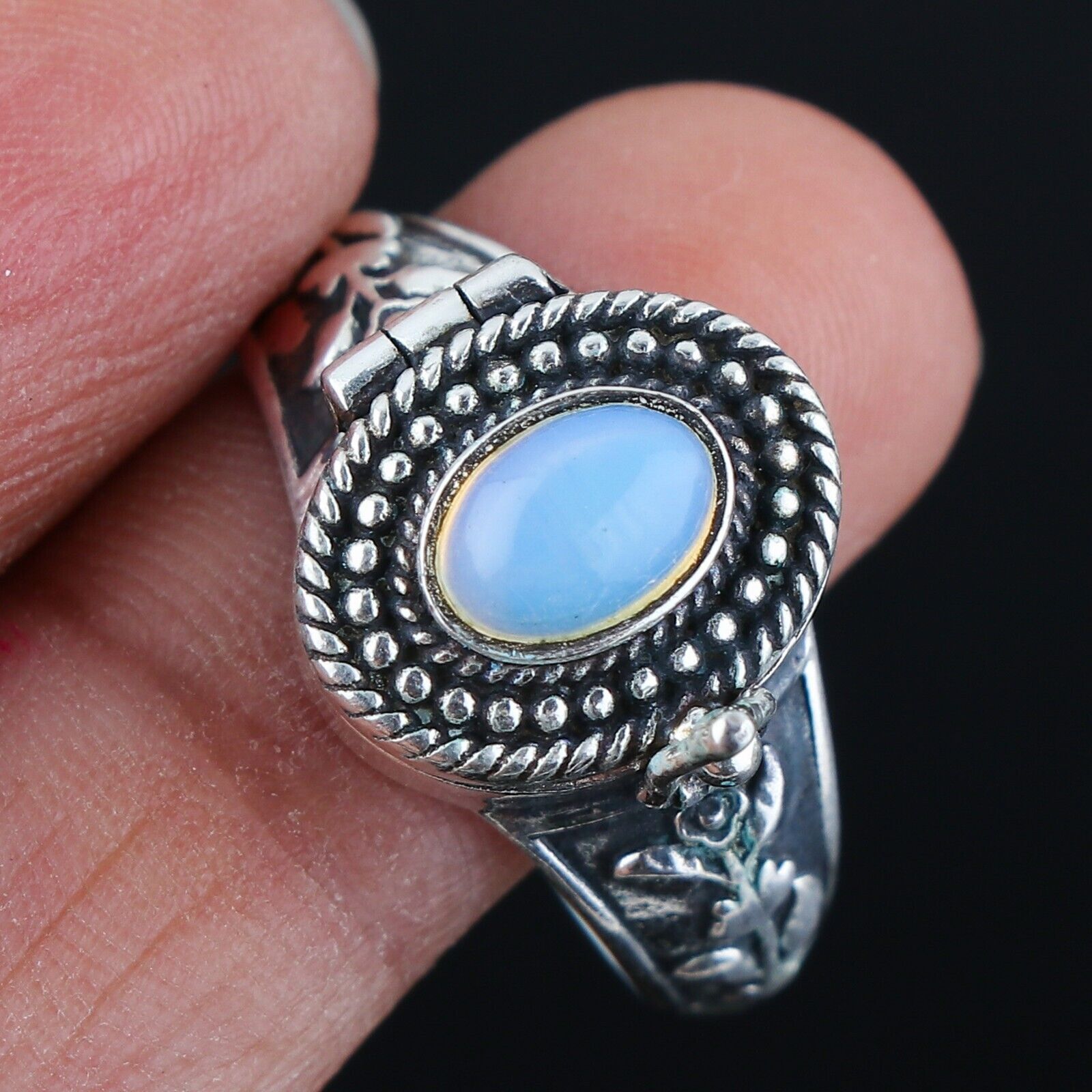 Australian Opal Gemstone Poison Ring, 925 Sterling silver Handmade Box Ring.