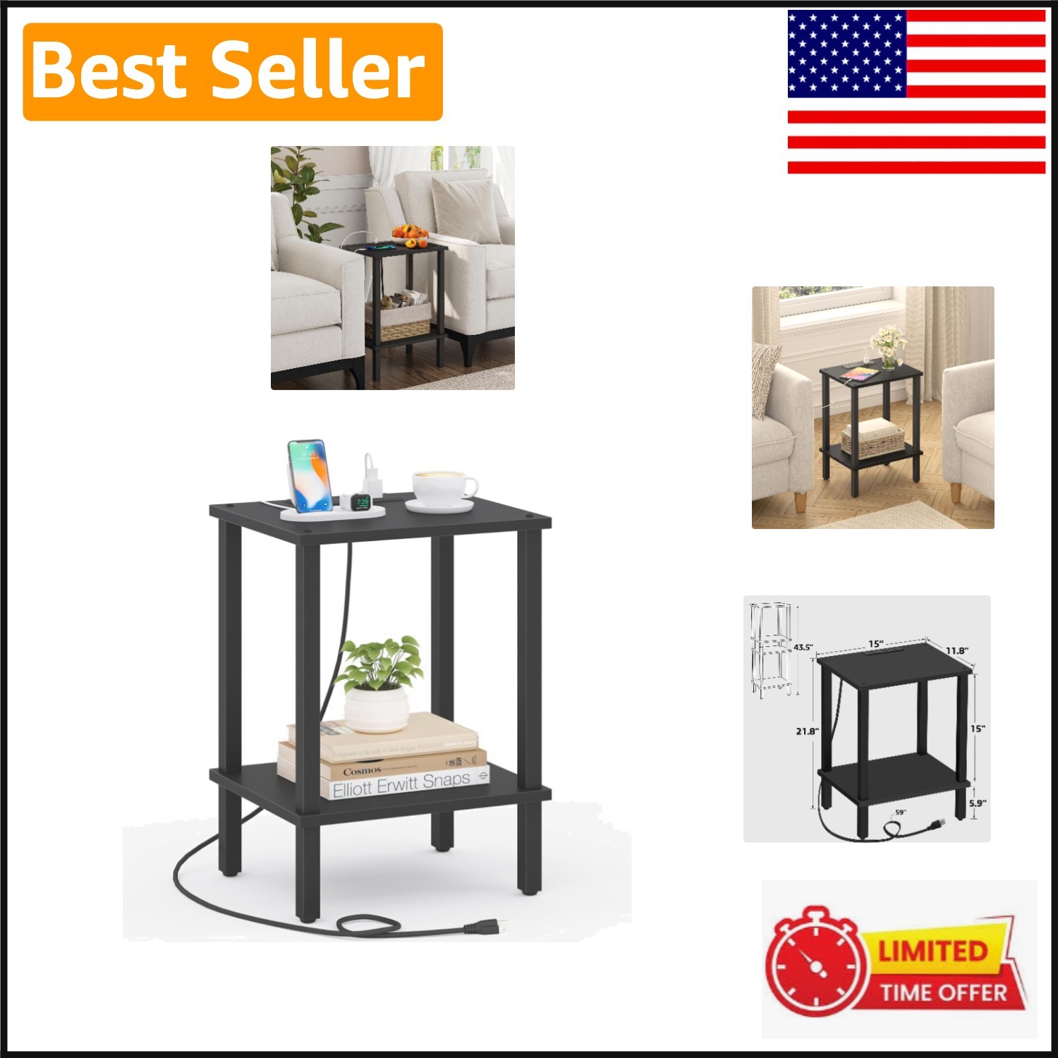 Modern End Table with Charging Station & 2 Open Shelves – Chic Bedroom Essential