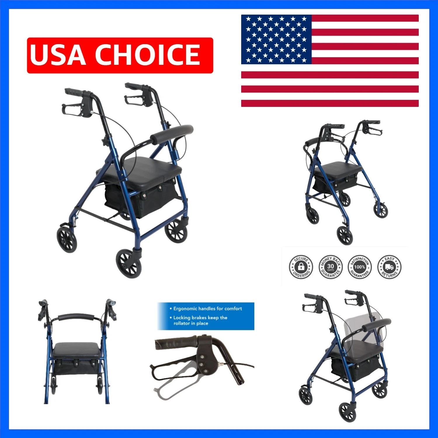 Junior Aluminum Rollator with 6 Inch Wheels, 250 Pound Weight Capacity, Blue