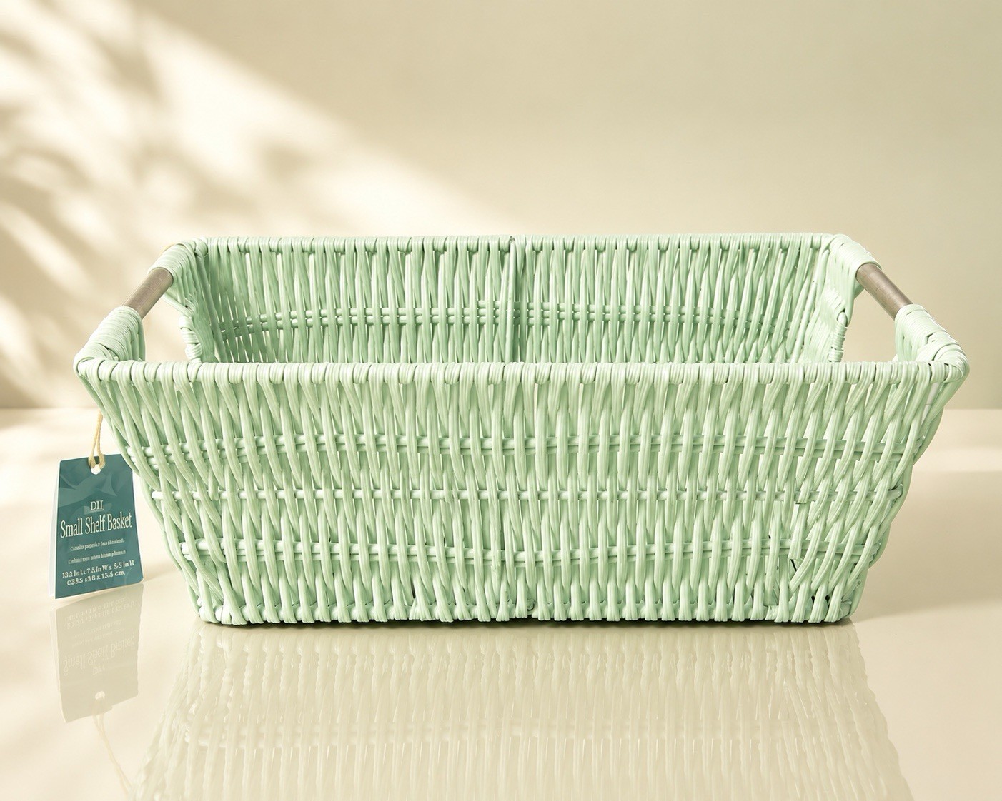 Whitmor Rattique Small Shelf Tote Pale Blue Woven Storage Basket, 11x7x4.5”