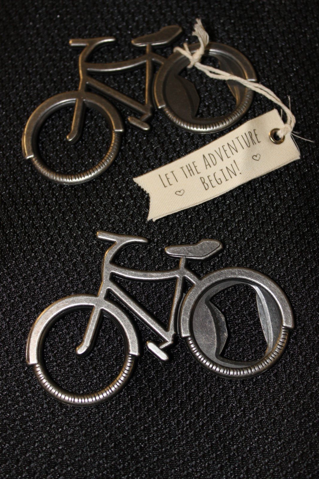 Set of 2 Kate Aspen 2014 bicycle bottle openers metal Let the Adventure Begin