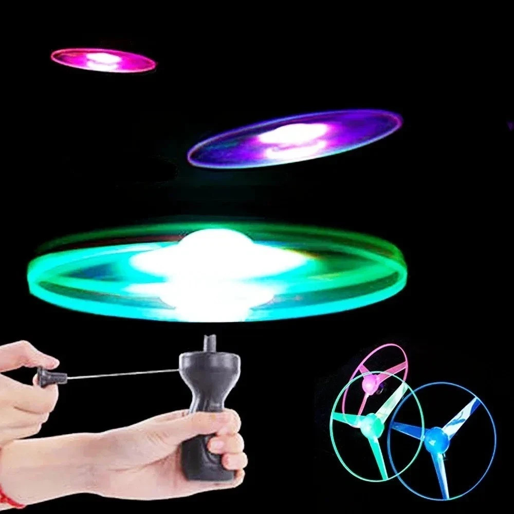 Luminous Flying Disc Propeller Toys LED Lighting Pull String Flying UFO Toy Spin