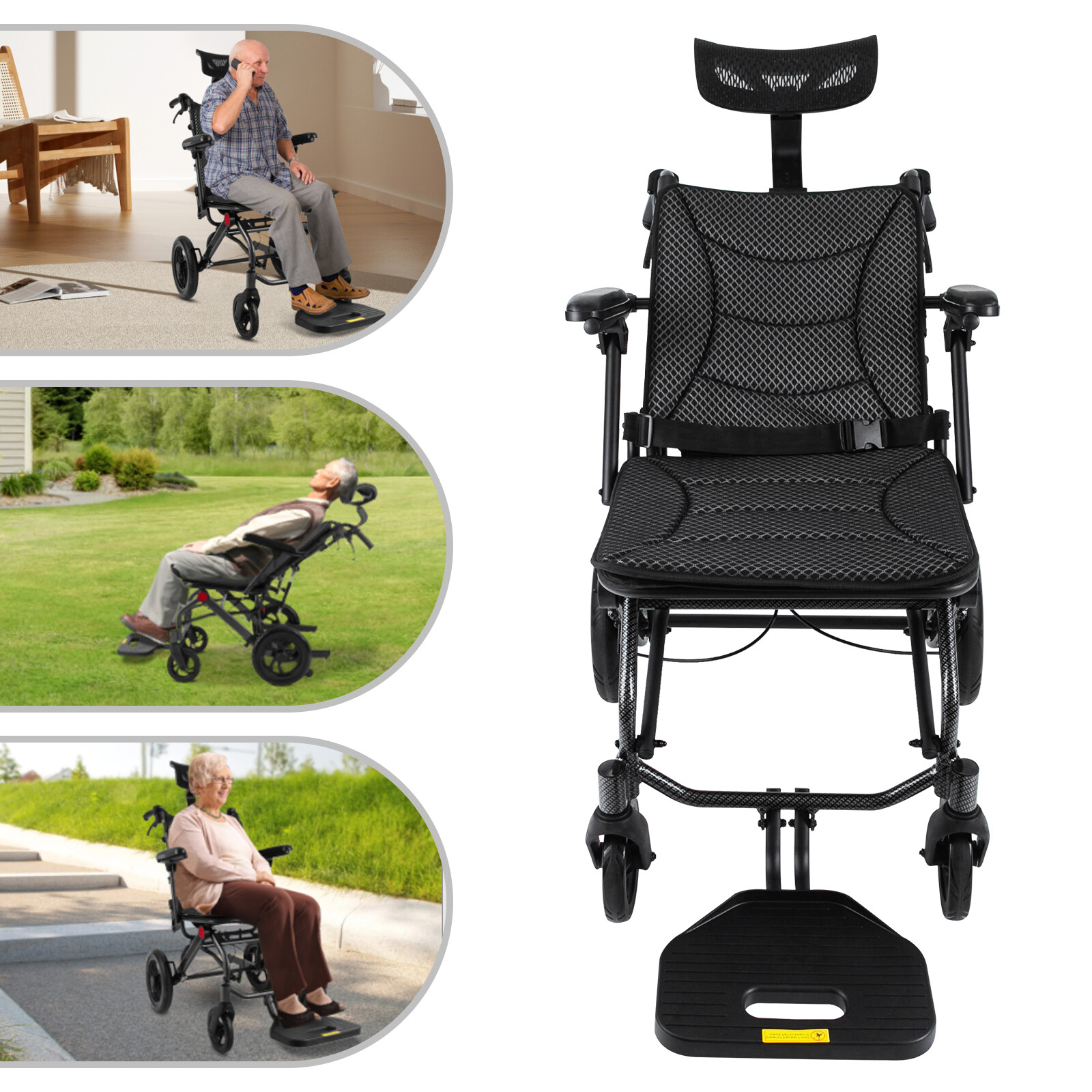 All Terrain Reclining Wheelchair 90-175° Foldable For Adult w/Removable Headrest