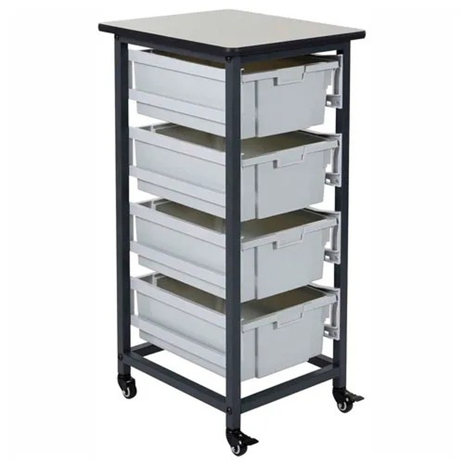 Mobile Bin Cart w/ Four 6"H Totes MBS-SR-4L - Gray/Black, 19.5"L x 17"W x 37.3"H
