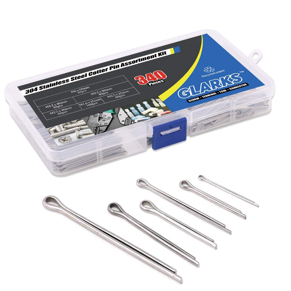 Glarks 340-Pieces 6 Sizes 304 Stainless Steel Cotter Pin Clip Key Fastner Fittin