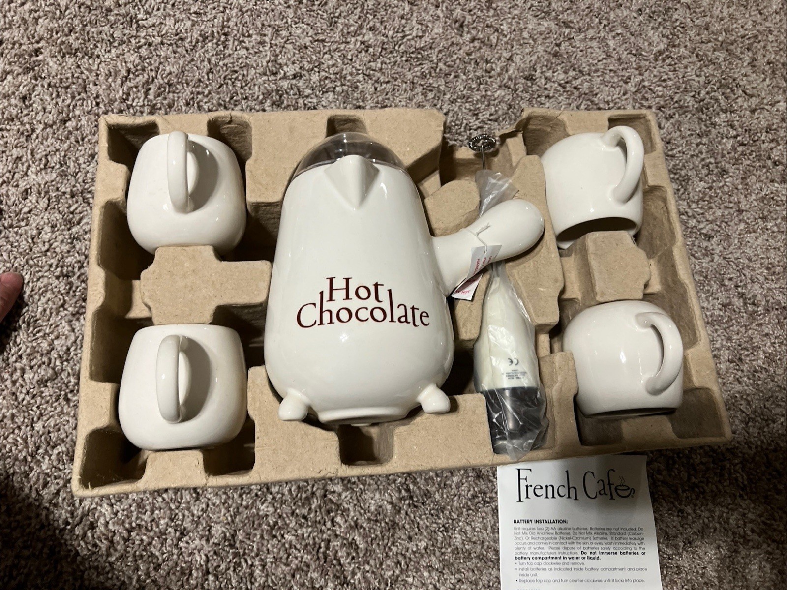 French Cafe White Ceramic Hot Chocolate Pot Set W/ Mixer And Cups