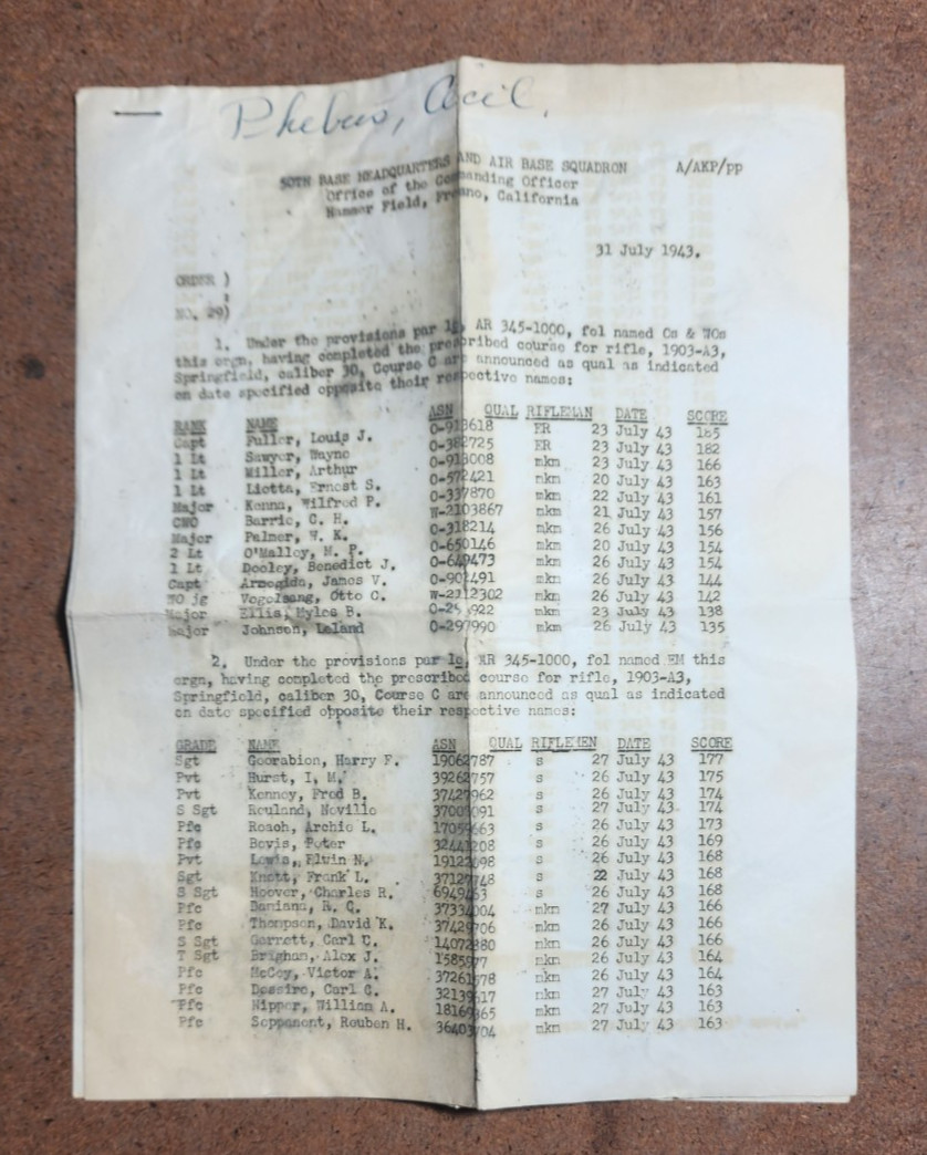 WWII 1943 Hammer Field, Fresno California Unit Roster Rifle Qualification Scores