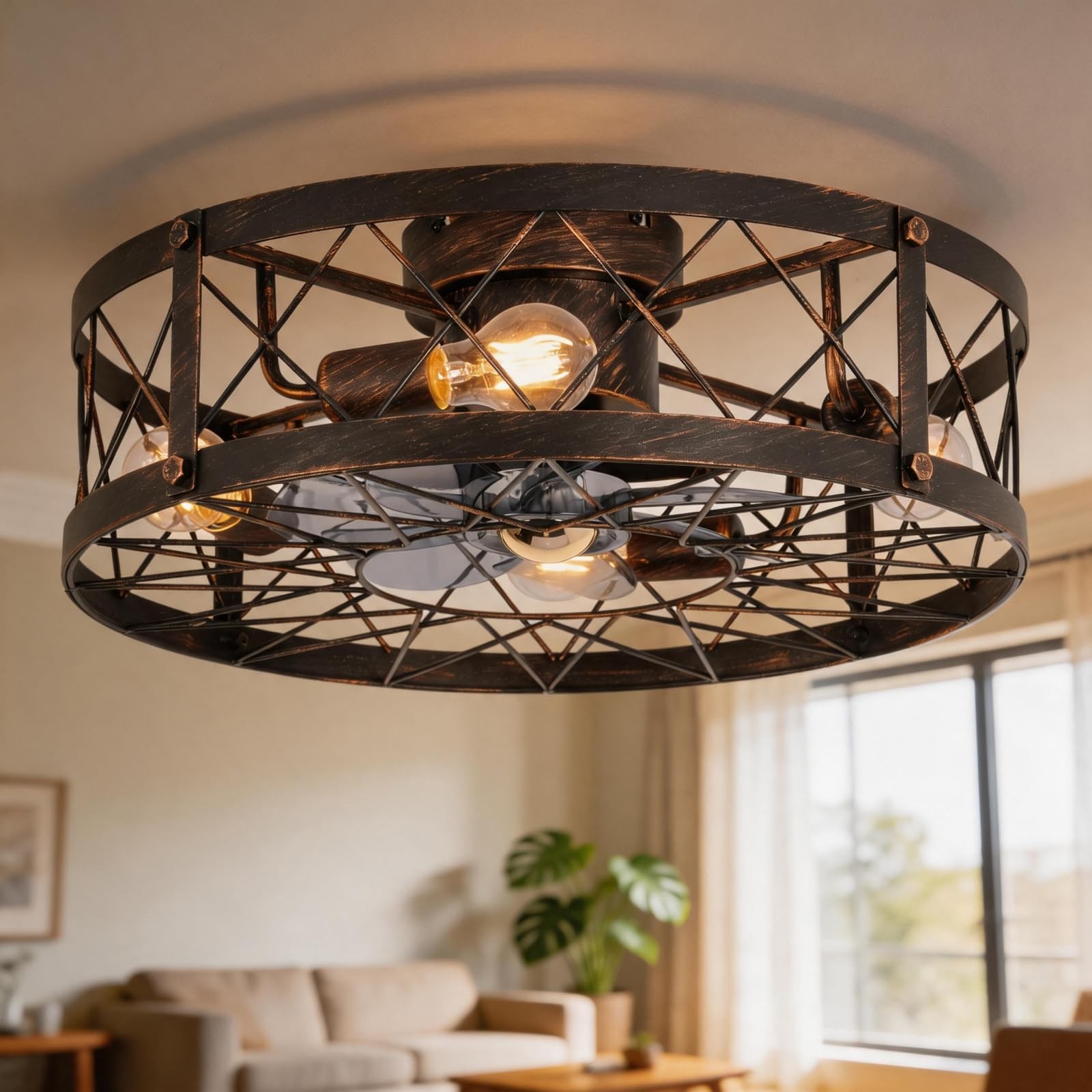 20" Farmhouse Flush Mount Caged Ceiling Fan with 19.7 INCH, Black Brush Gold