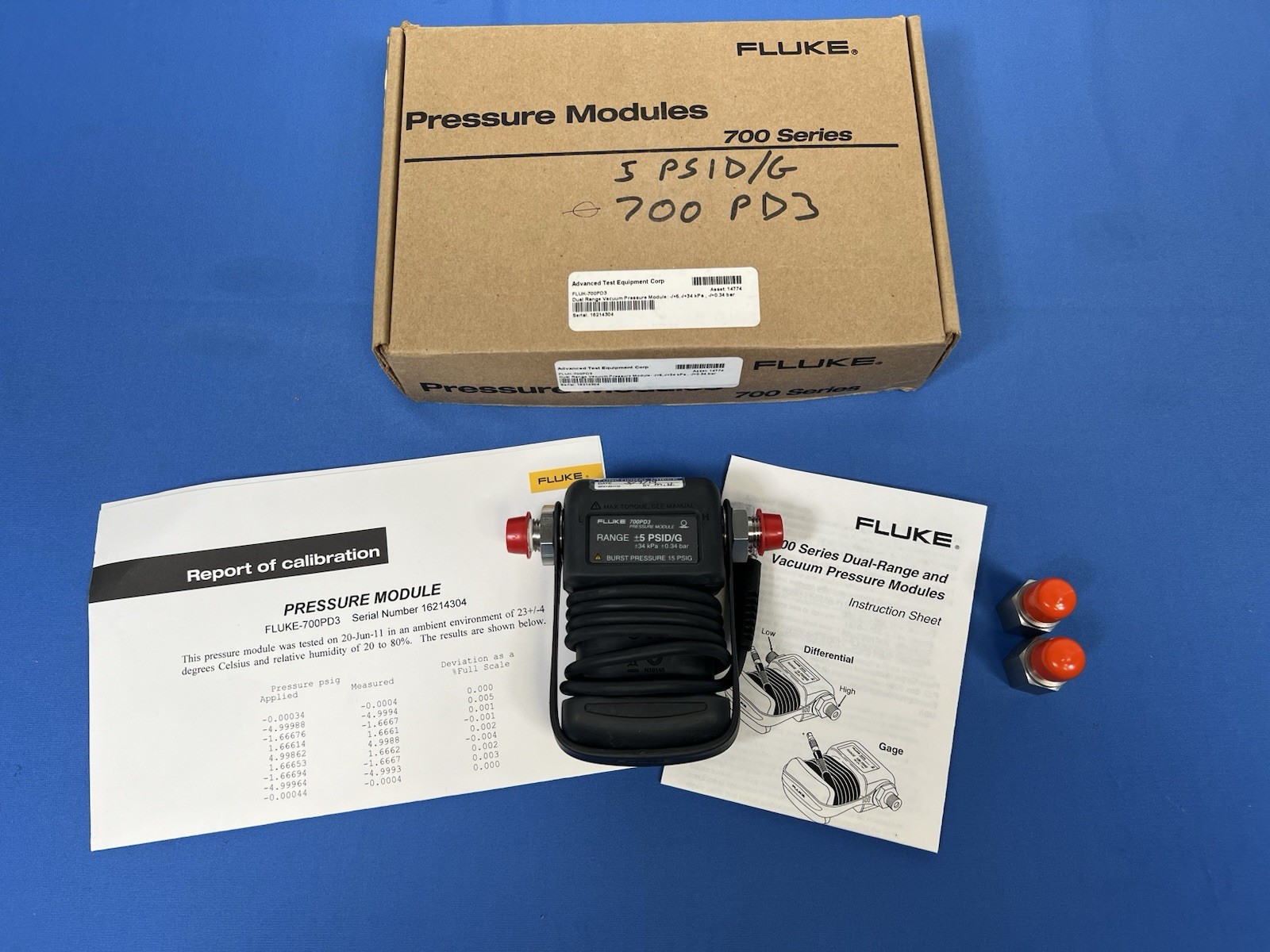 Fluke 700PD3 Dual Range Vacuum Pressure Module +/-5PSID, +/-34 kPa , +/-0.34 bar