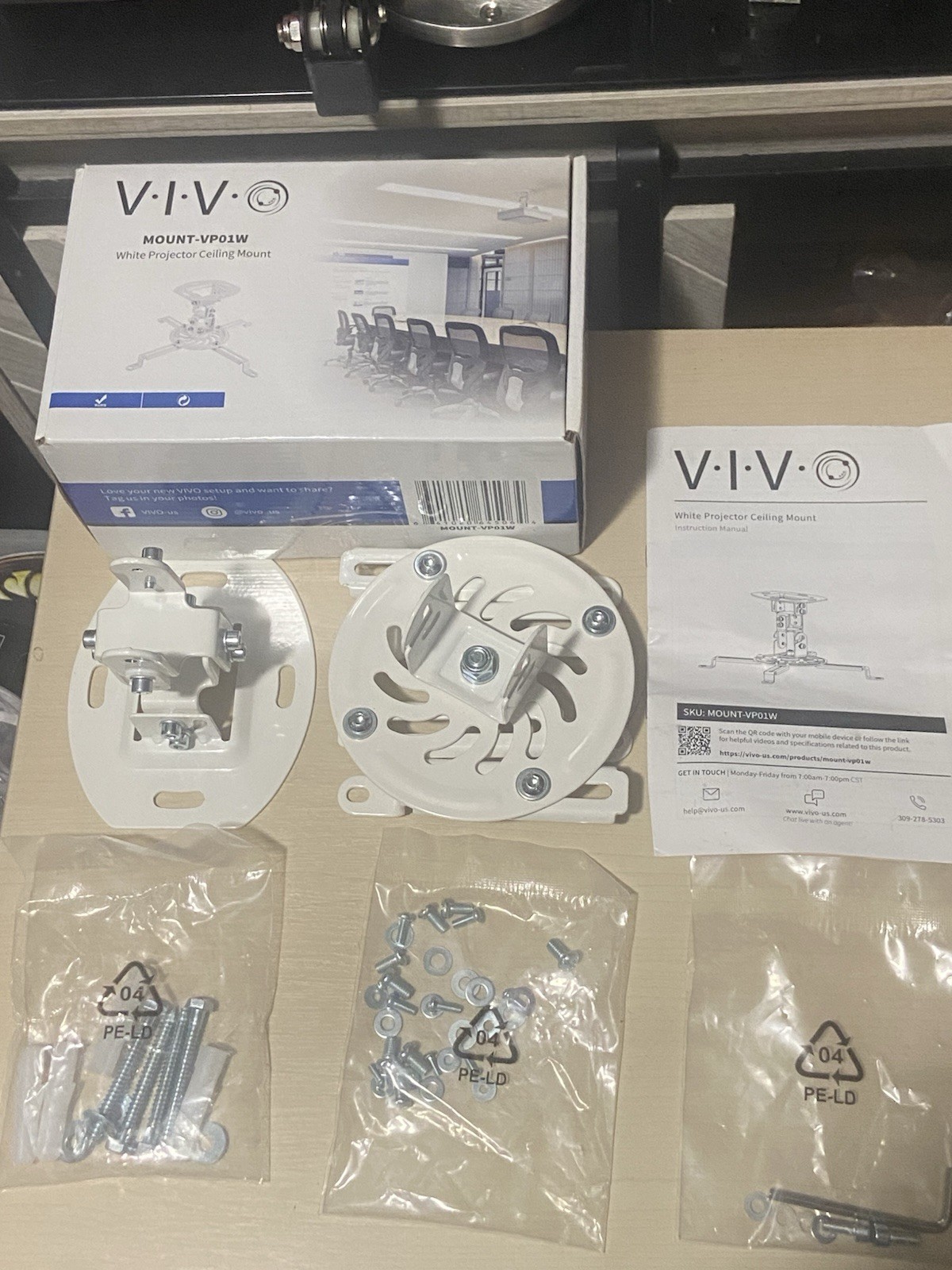 VIVO Universal Adjustable Ceiling Projector Mount White MOUNT-VP01W NEW OPENED