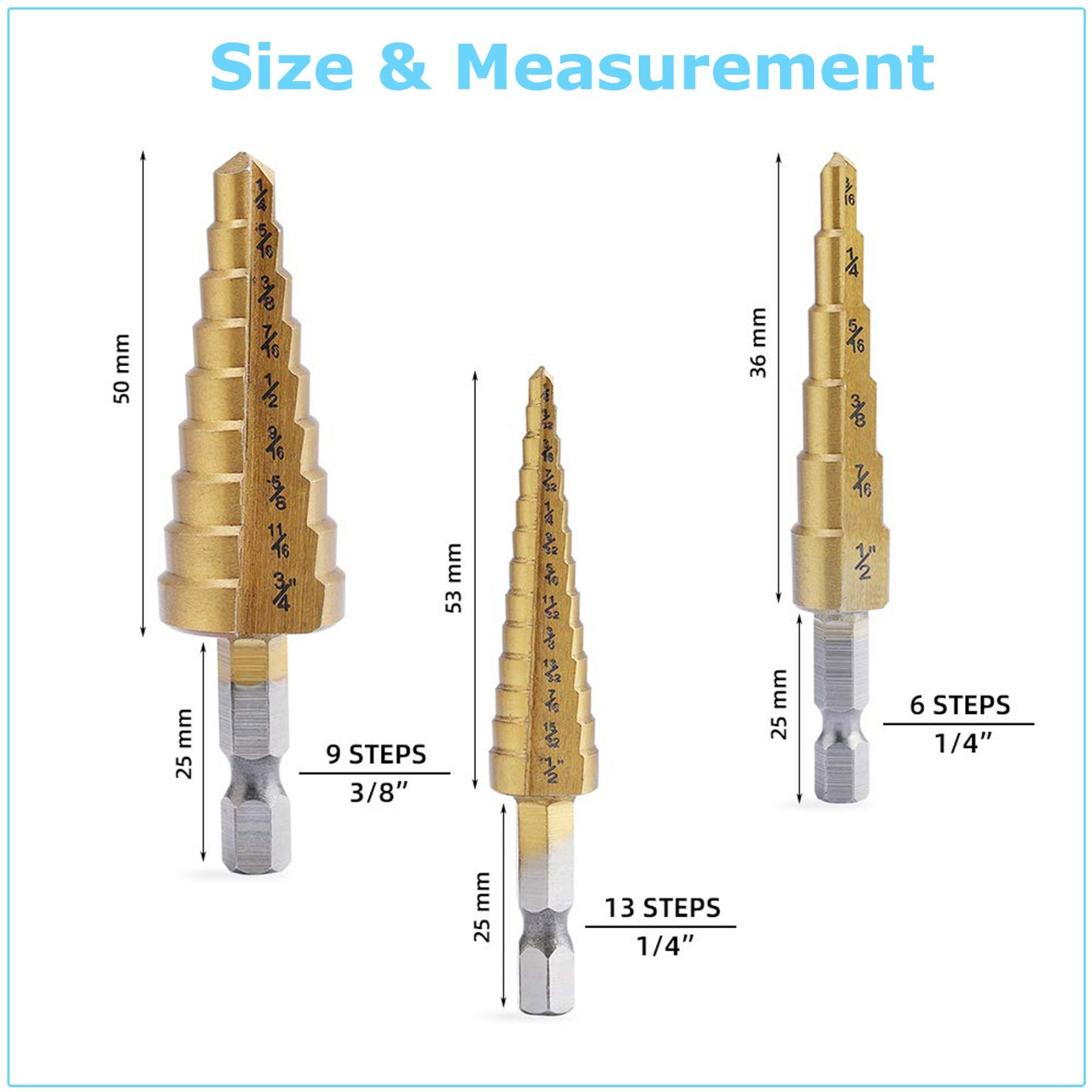 3Pcs Drill Bit Set Titanium Nitride Coated Steel Step Quick Change 1/4 Shank HSS