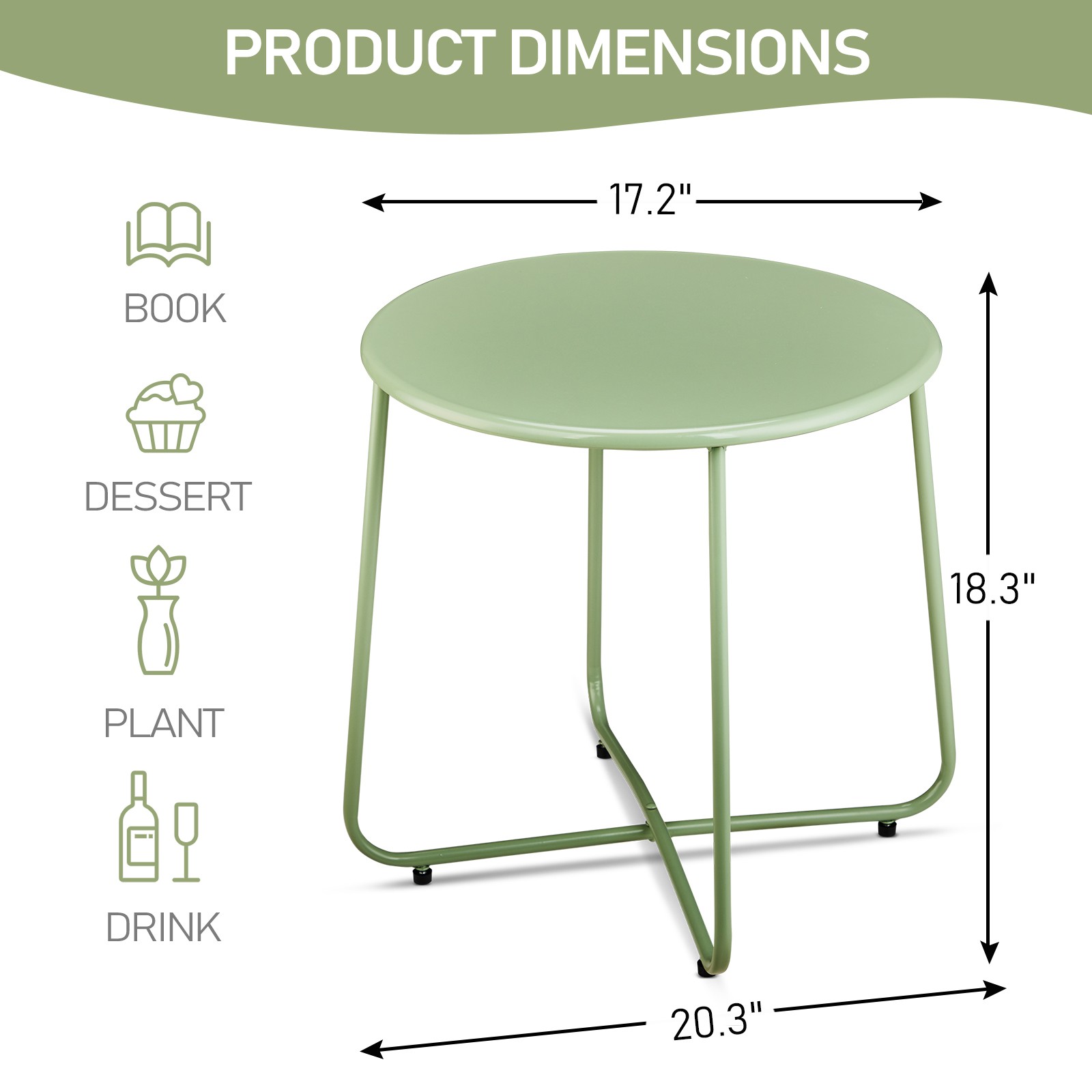 Patio Small Side Table, Waterproof Round Metal Coffee Table, Green
