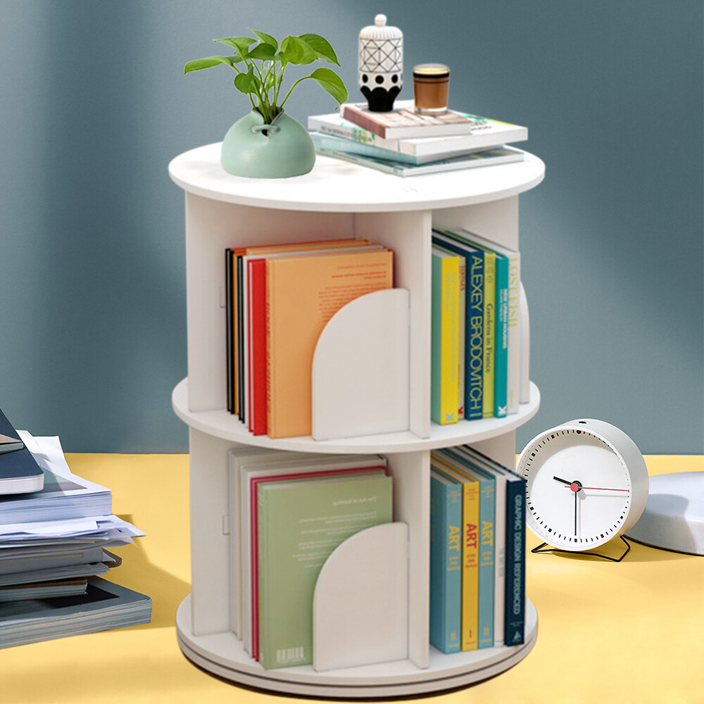 2-Tier Floor Rotating Bookshelf Standing Bookcase Storage Rack 360 Display US