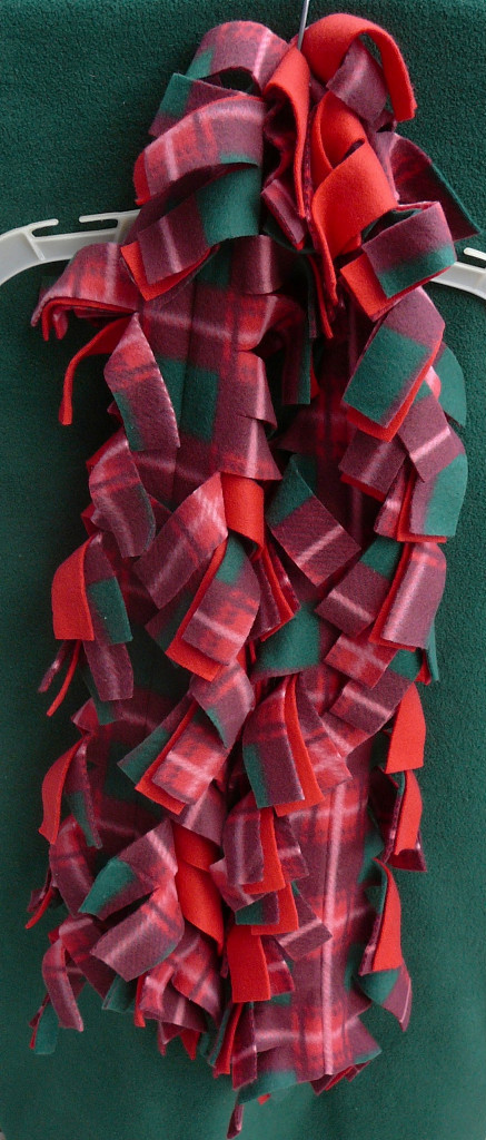 Plaid red, green, burgundy,white fleece scarf fringed handmade NEW