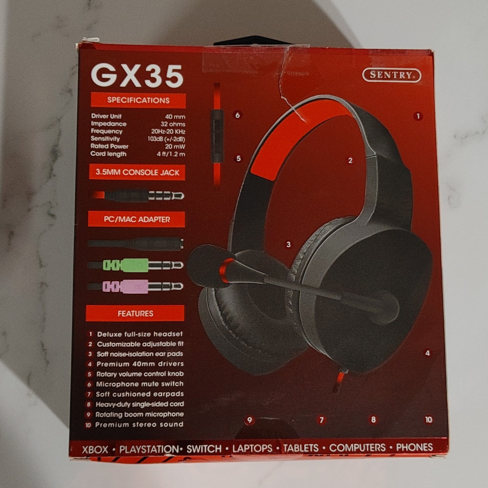 Sentry GX35 Stereo Communication Headset Boom Mic 3.5mm Adjustable Black Red