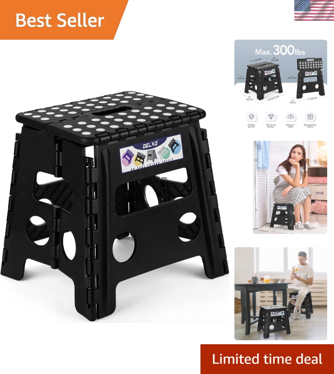 Folding Step Stool, 13 inch Non-Slip Foldable Stools Up to 300 LBS, Step Stoo...