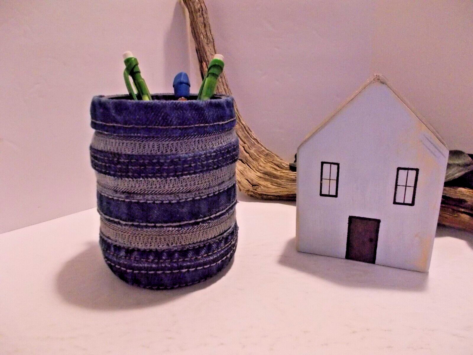 Primitive Folk Art Wooden Painted House and Denim Pencil Holder Office Decor