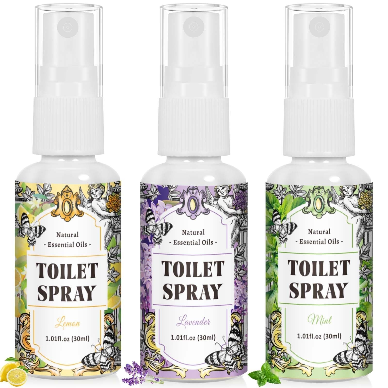 STRN Toilet Spray, 3-Pack Lemon, Mint & Lavender Natural Scent, Portable Inst...