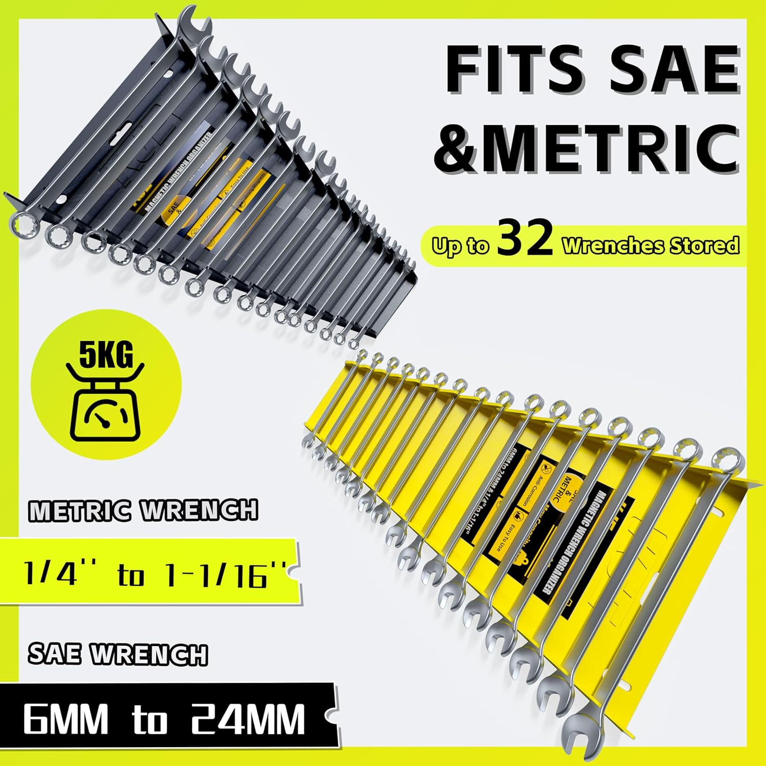 2Pack Magnetic Wrench Organizer, 32-Slot Wrench Rack Tool Trays, Magnetic Wre...