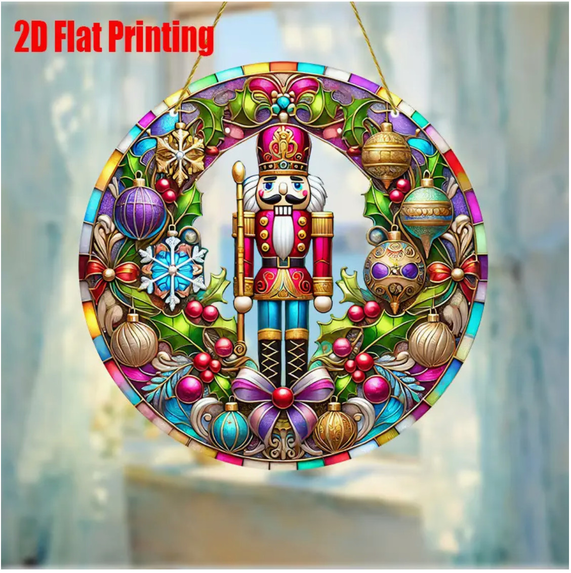 Large Colorful Christmas Nutcracker Suncather, 2D Acrylic, Stained Glass Look 8"