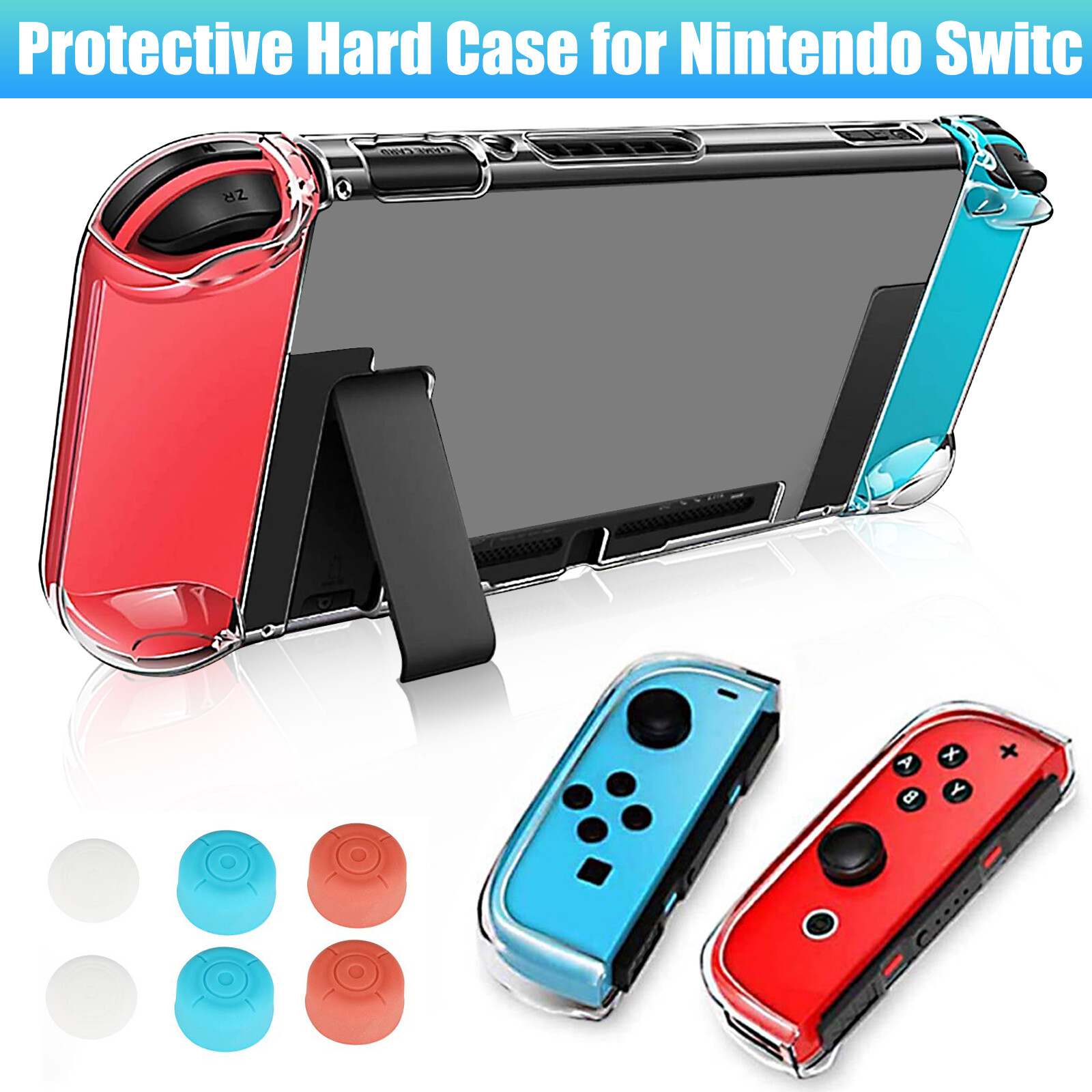 Protective Clear Hard Case+Screen Protector +Thumb Grip Caps for Nintendo Switch